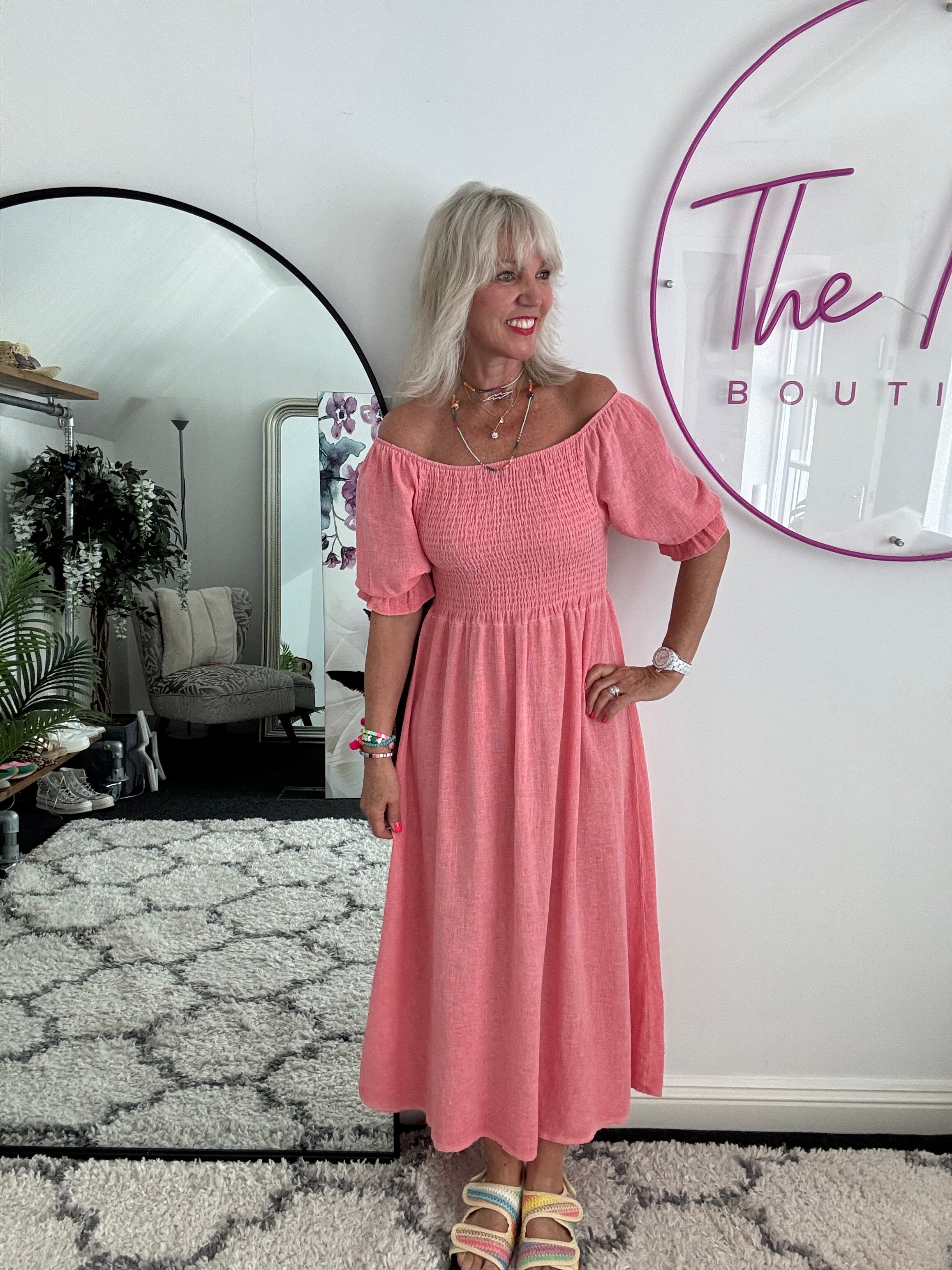 linen shirred dress 100% Linen Shirred Waistline Patch Pocket Midi Dress MARCELLA LINTICO