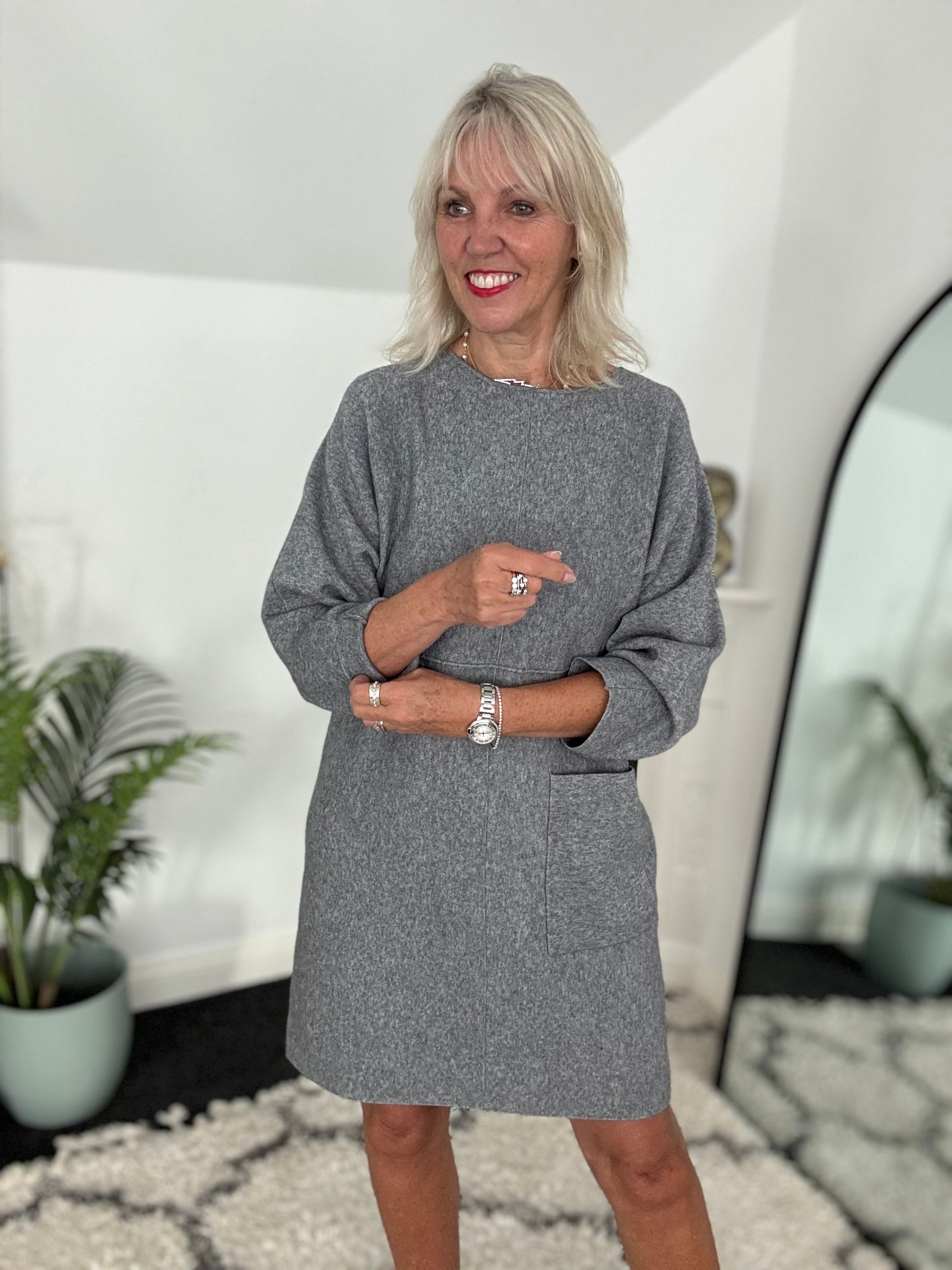 Luxe Knitted Pocket Dress in Marl Grey