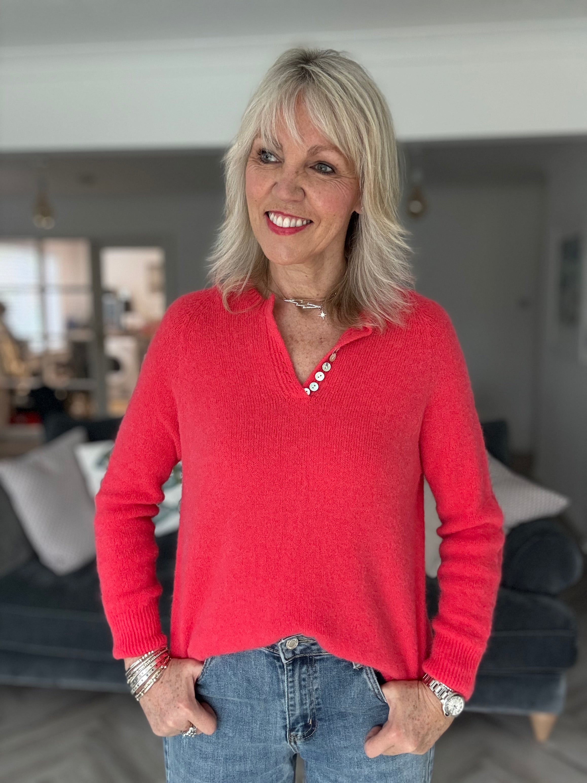 Softie Jumper with Button Neck in Coral Red