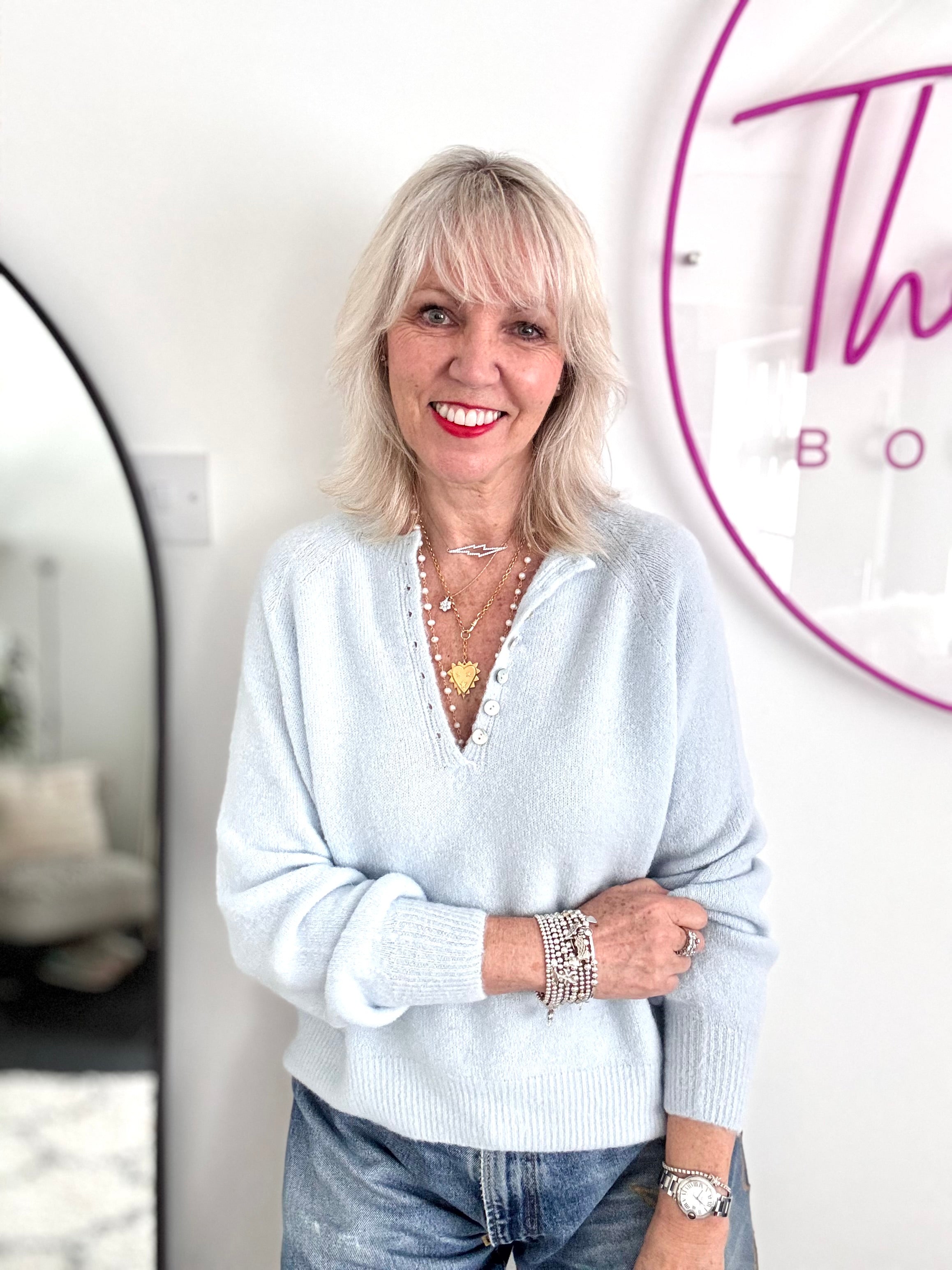 Softie Jumper with Button Neck in Ice Blue