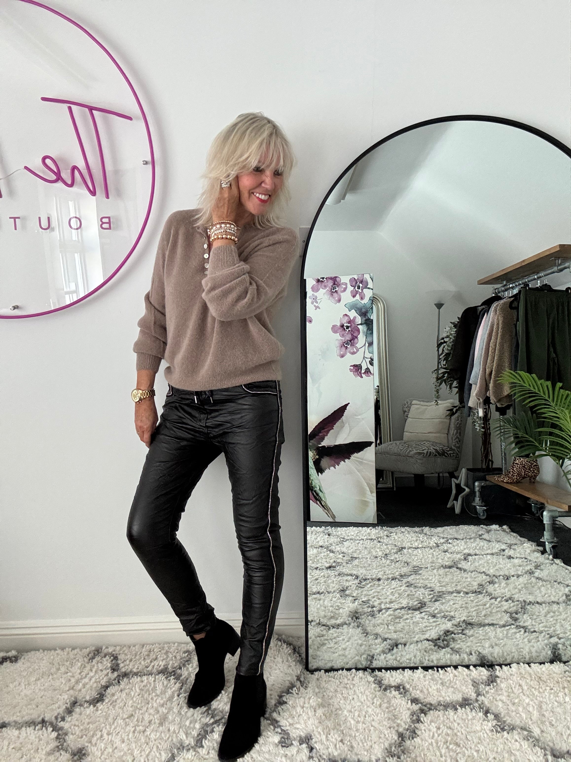 Waxed Rhinestone Joggers in Black