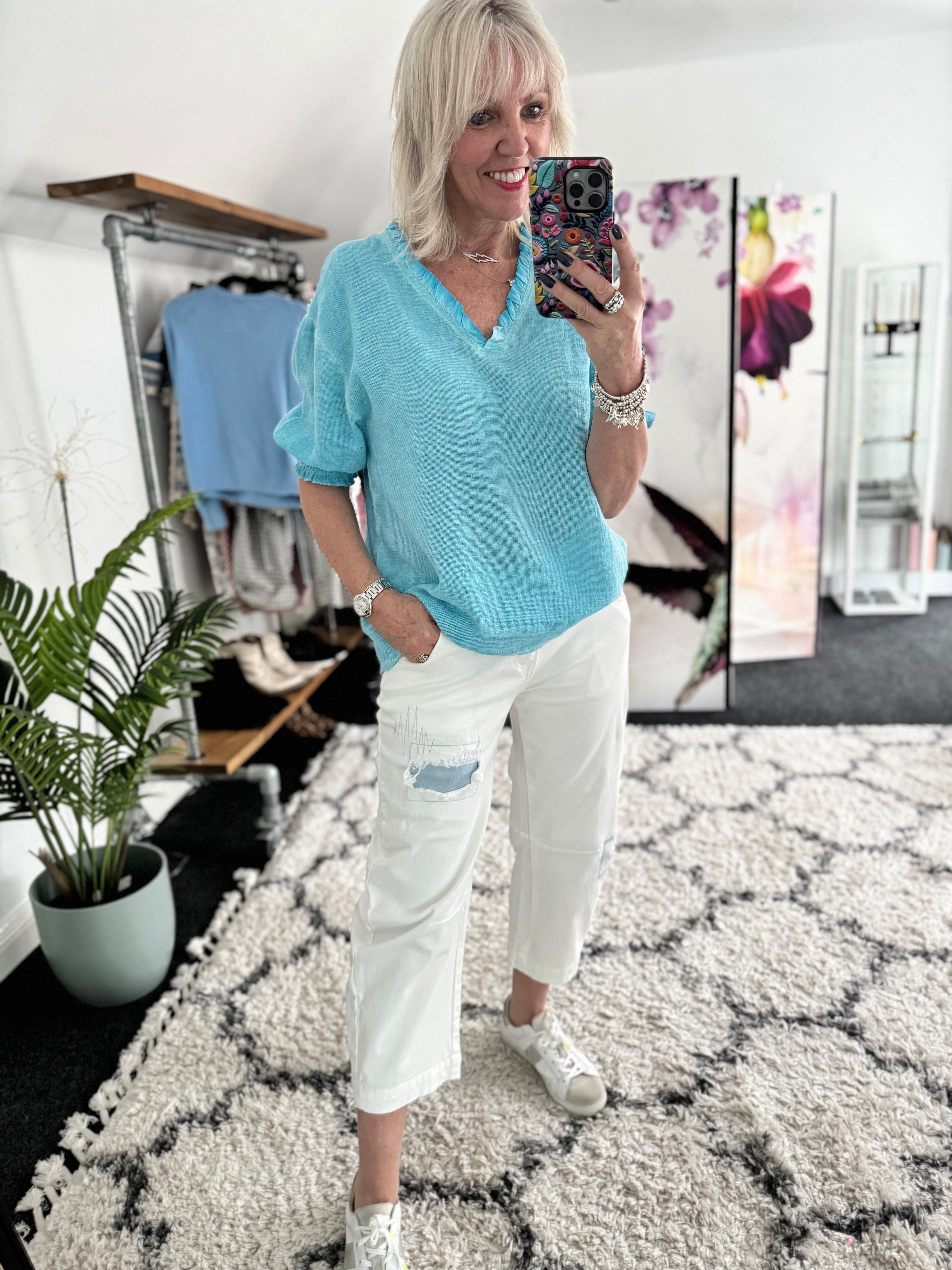 Linen & Cotton Top in Aqua