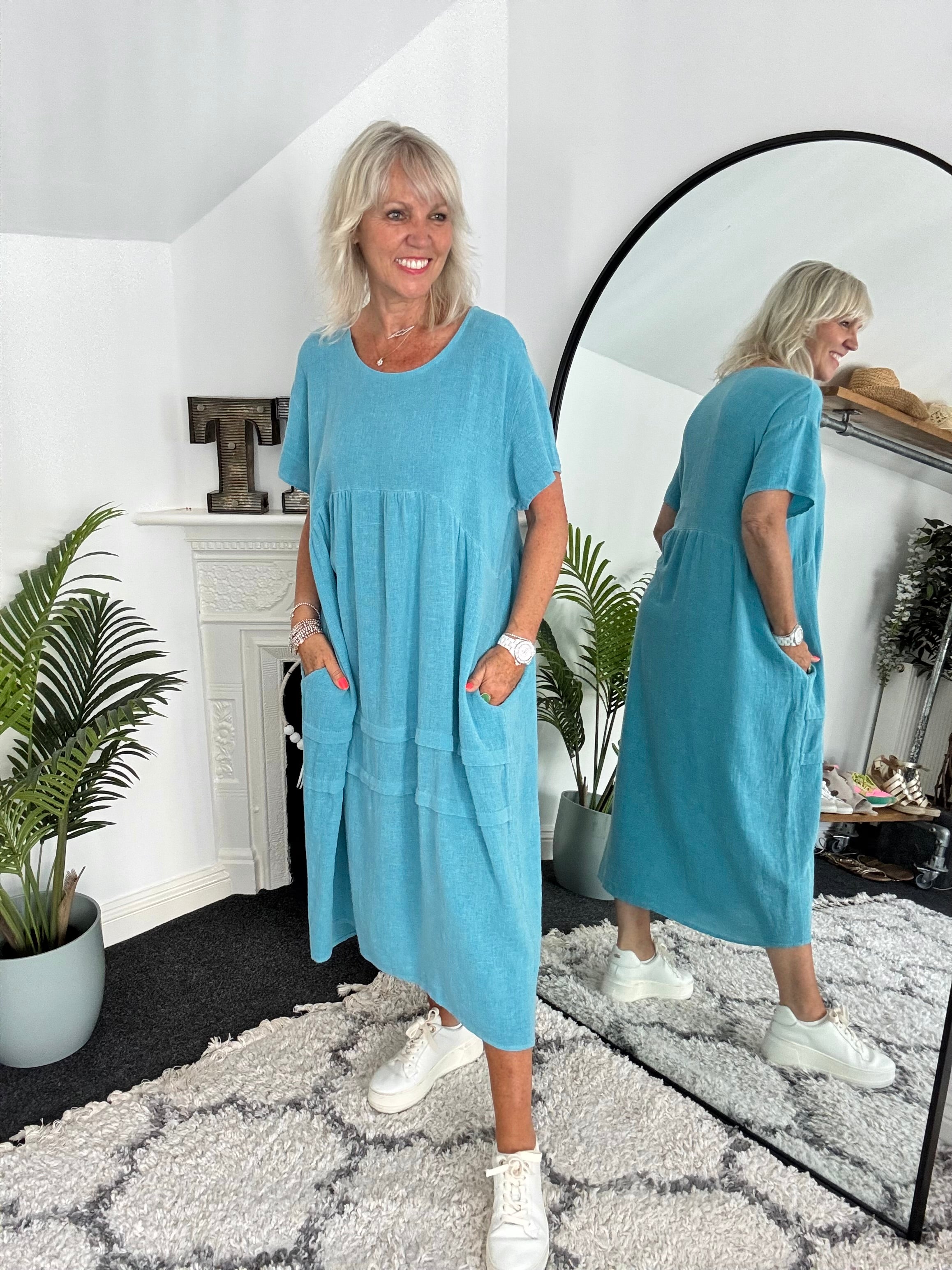 Cotton & Linen Cocoon Dress in Teal Blue