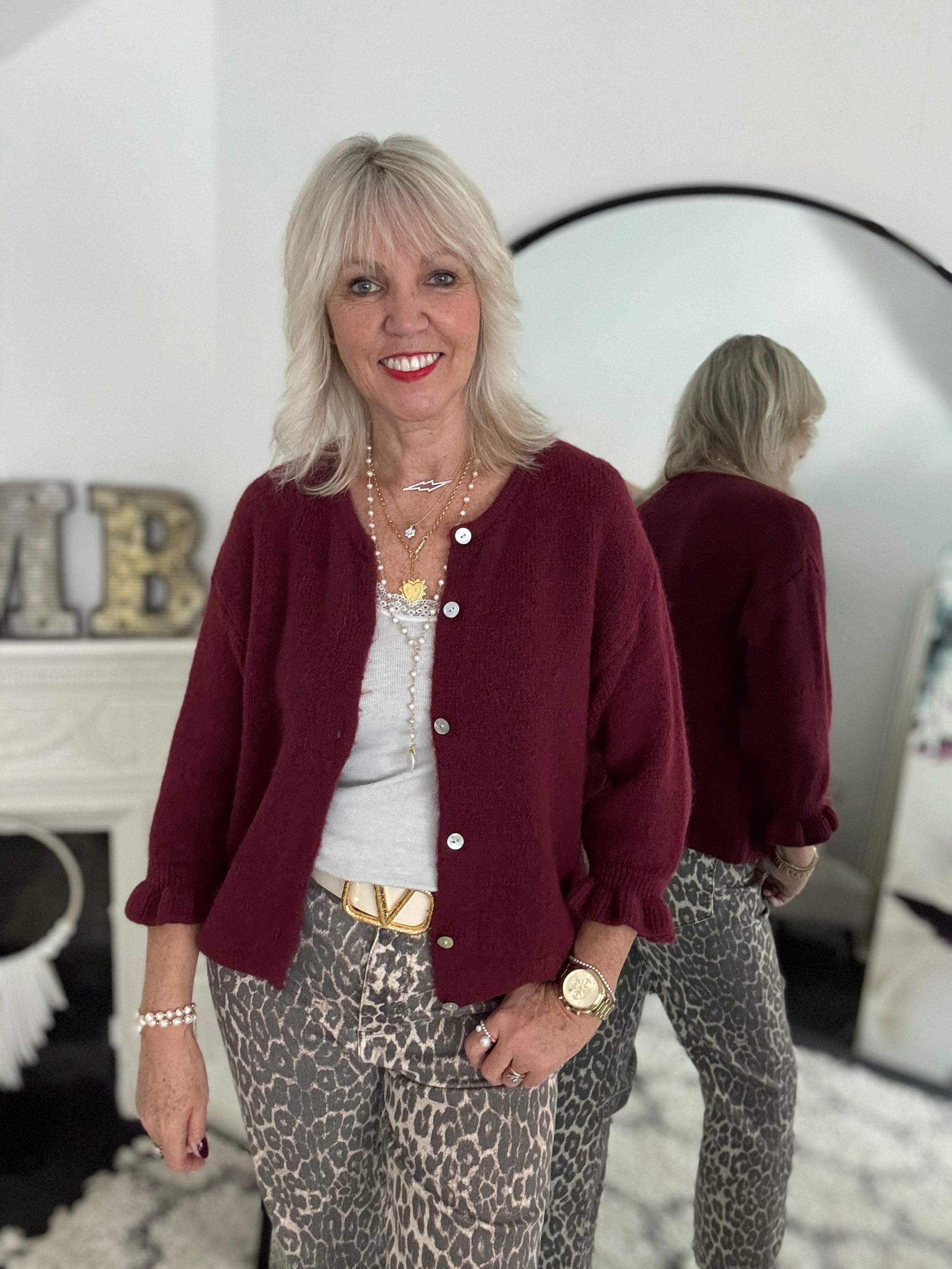 Alpaca Cardi with Frill Cuffs in Wine