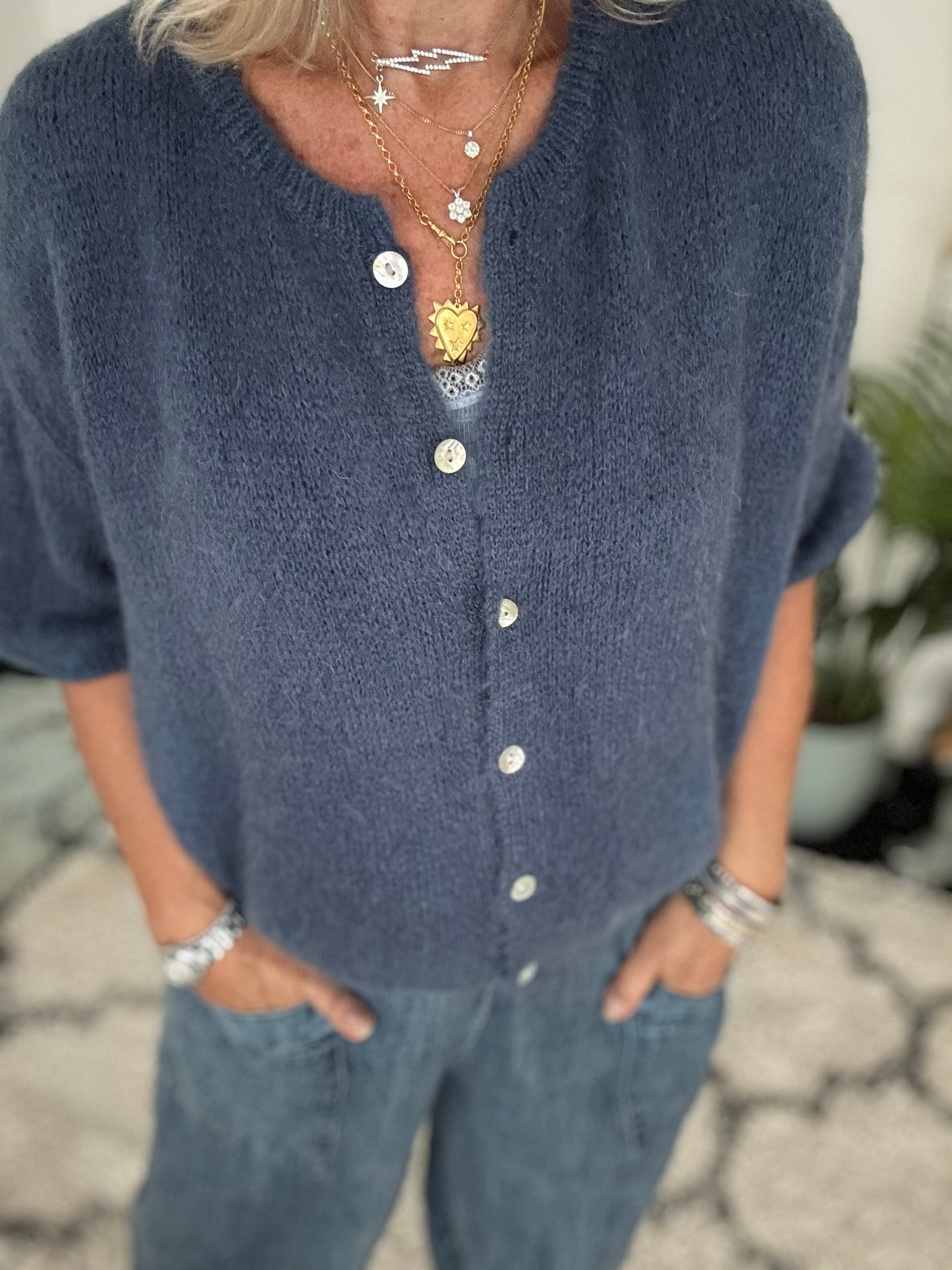 Cropped Sleeve Buttoned Cardi in Soft Denim