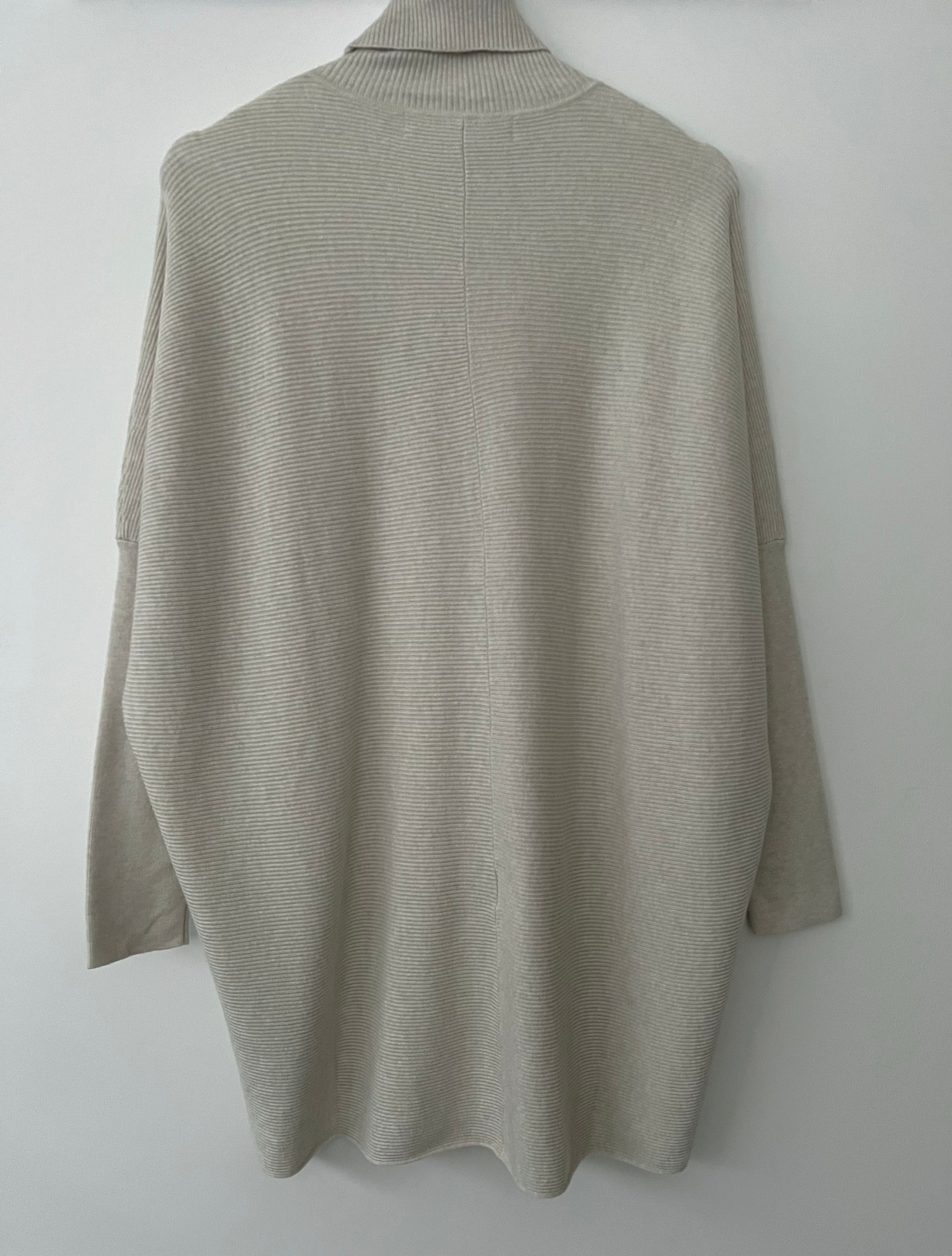 Fine Ribbed Roll Neck Poncho Jumper in Stone