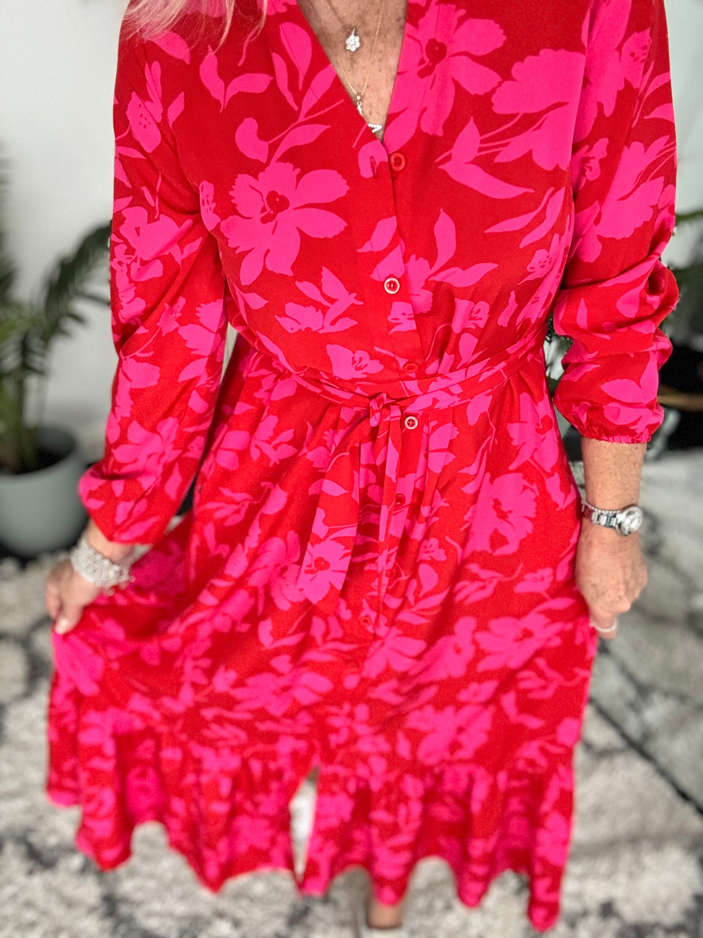 Premium Tropical Print Dress in Red & Pink