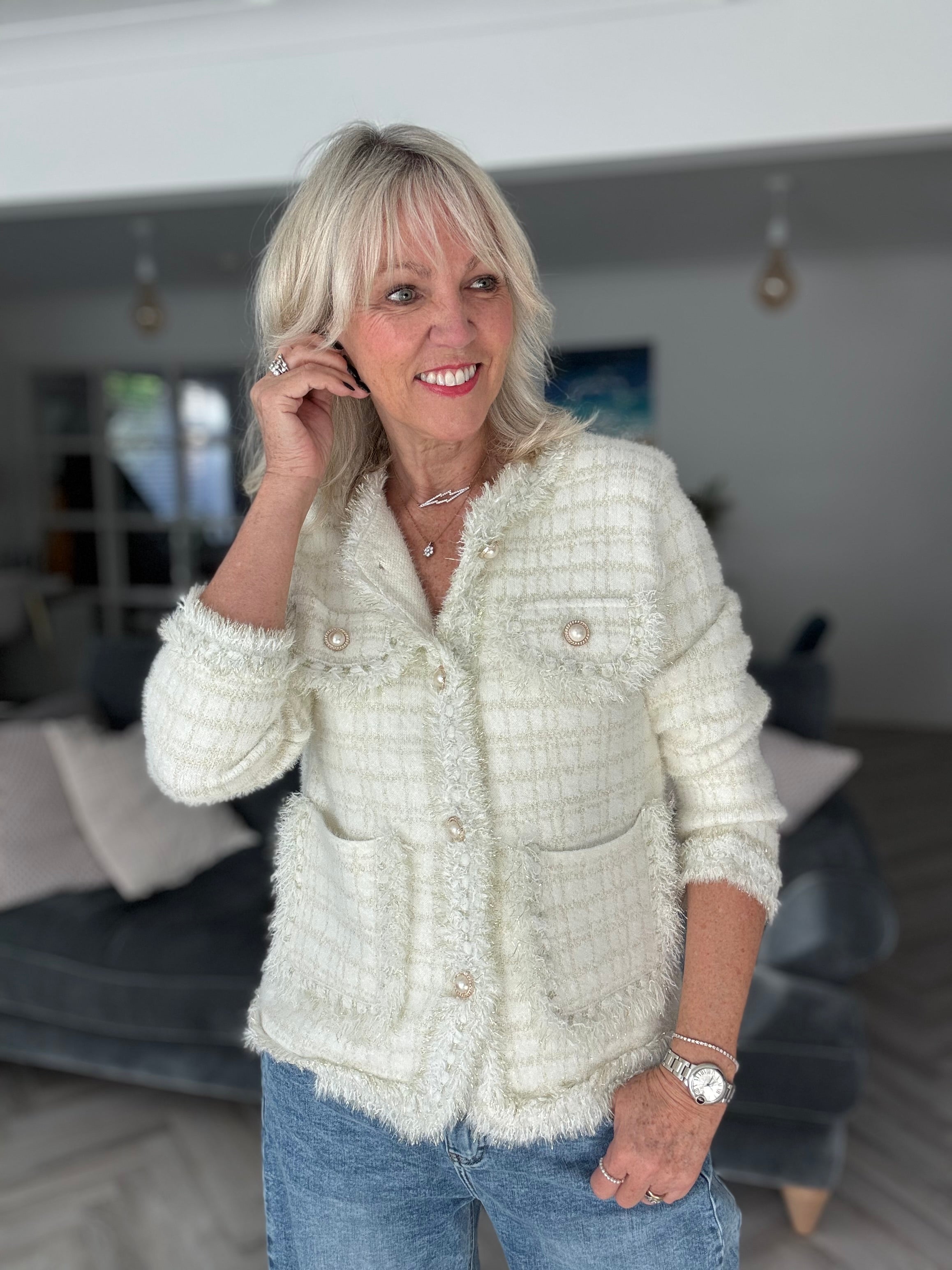 Pearl Button & Tweed Cardi Jacket in Ivory & Gold