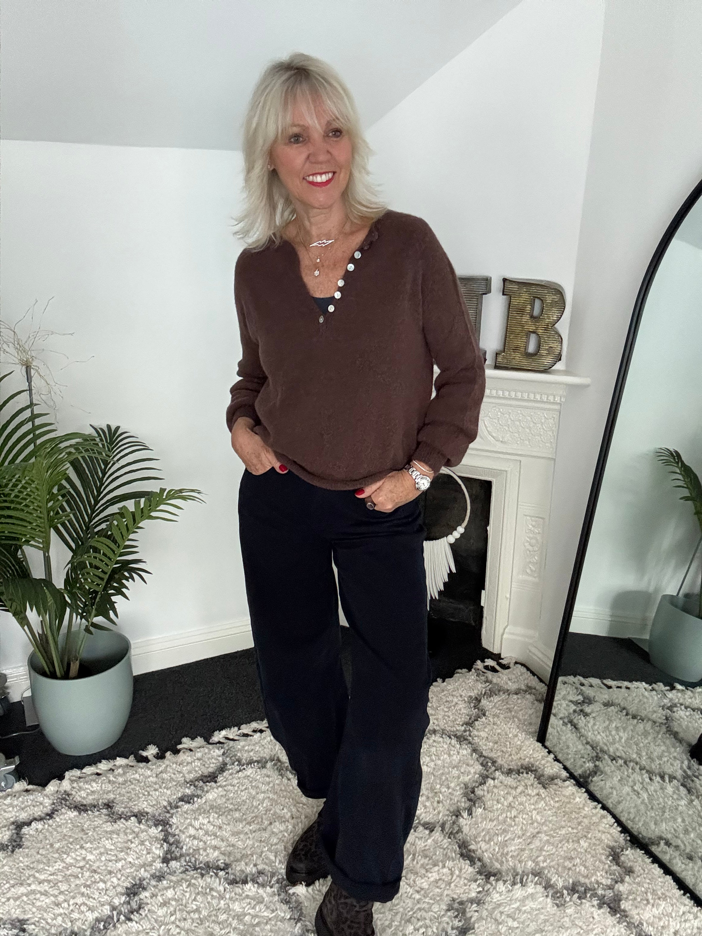 Softie Jumper with Button Neck in Chocolate