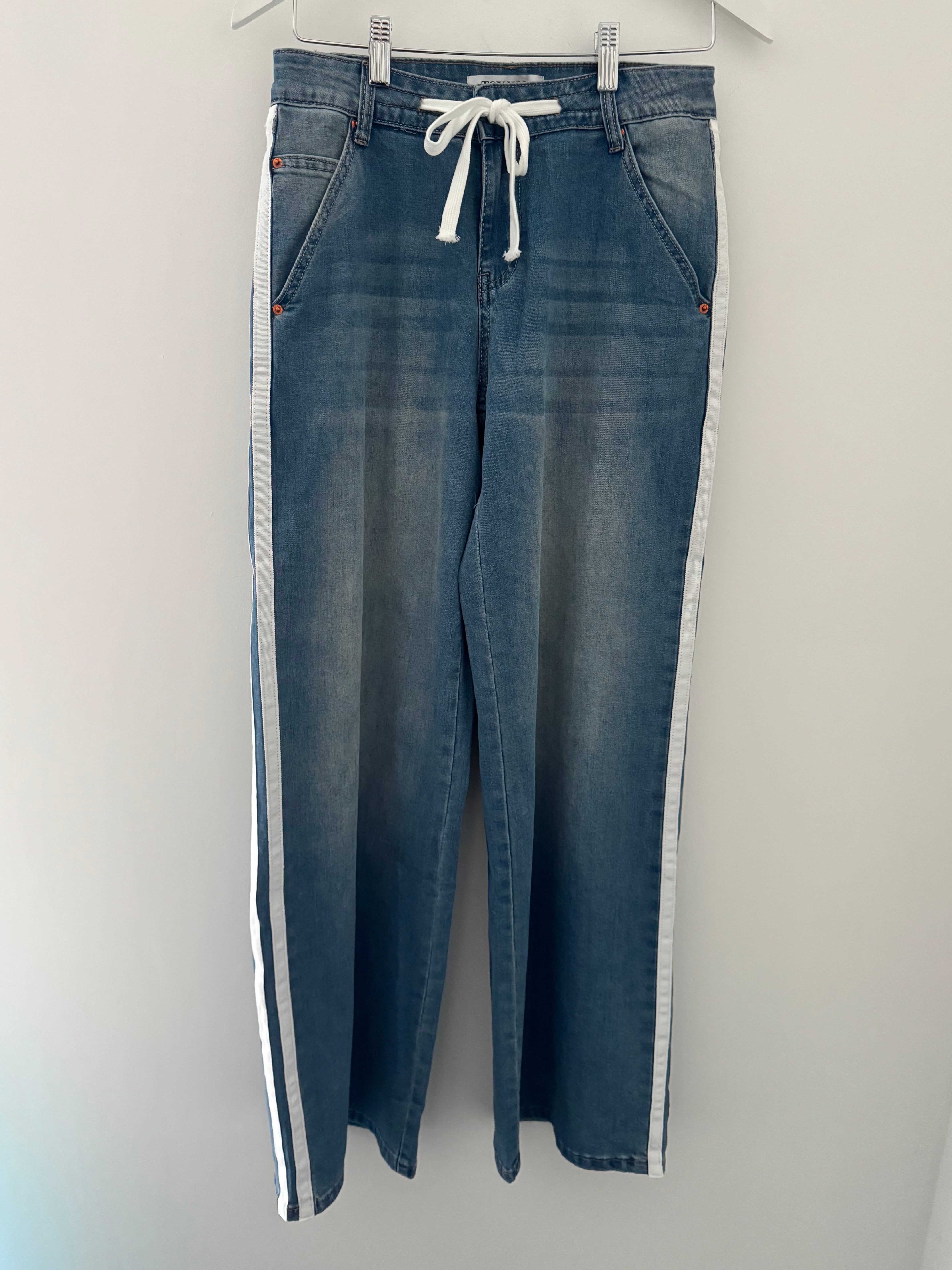 Soft Flared Jeans with Side Stripes in Light Denim