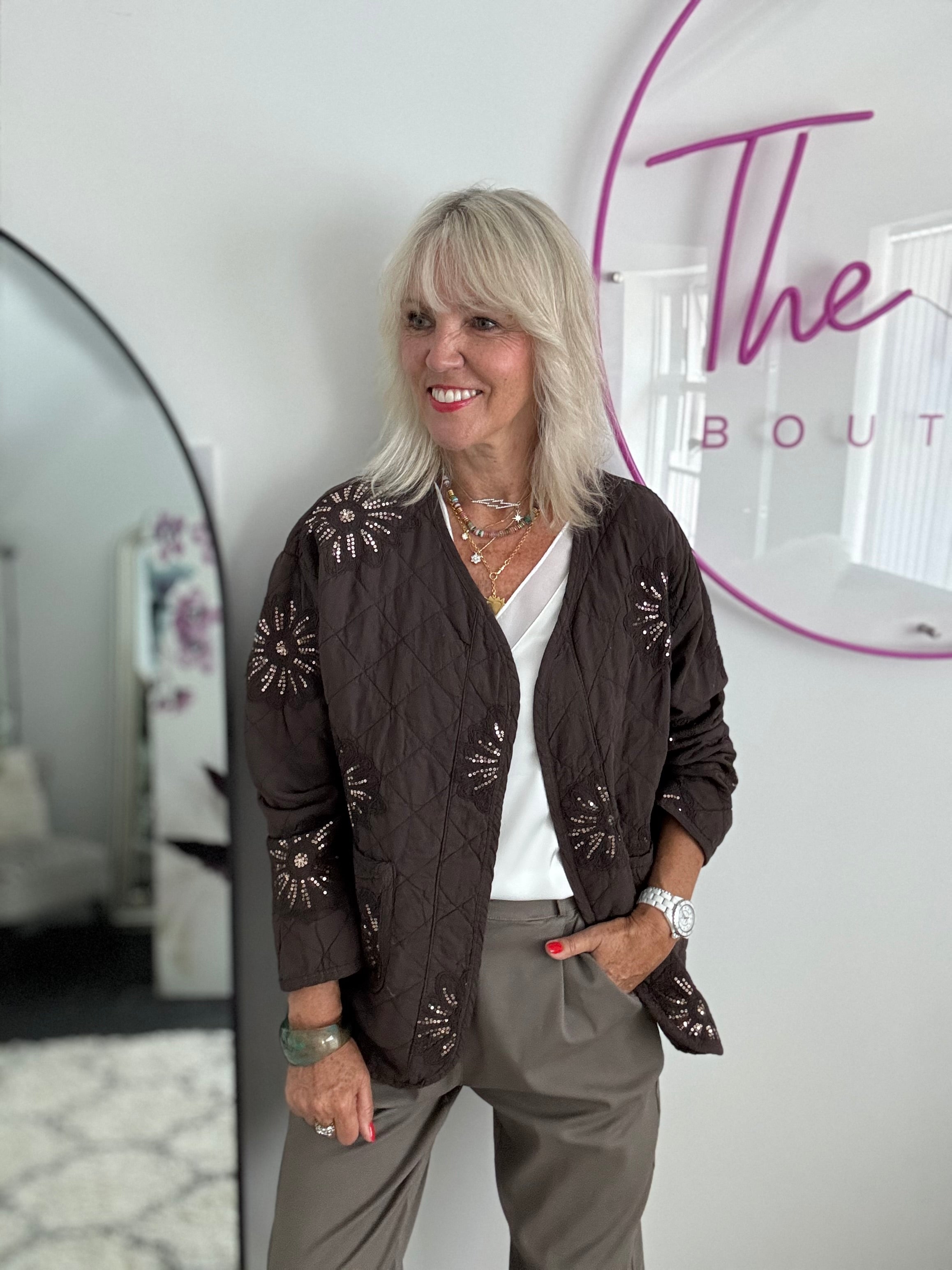 Quilted Jacket with Sequins in Chocolate