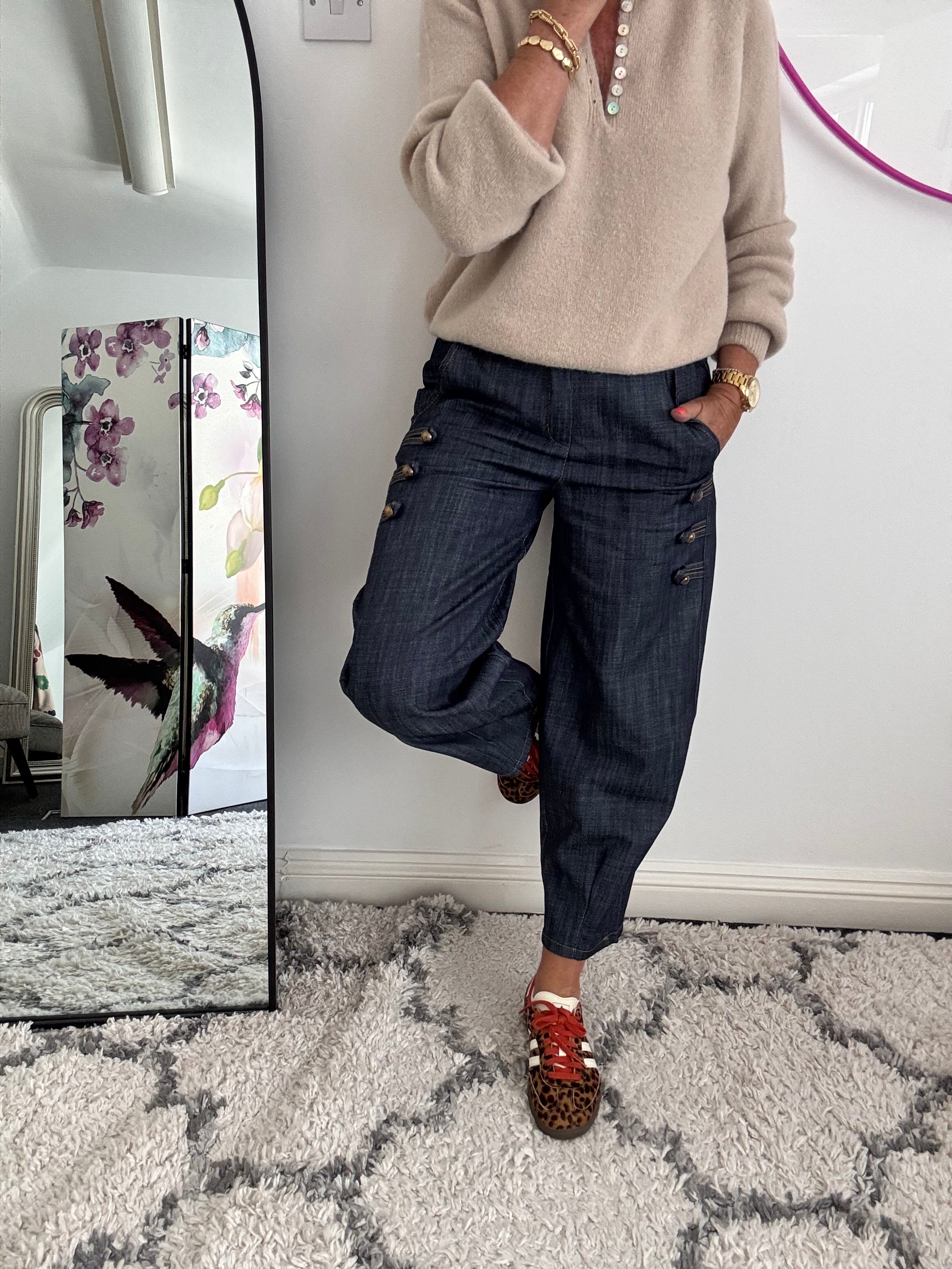Military Barrel Leg Trousers in Dark Denim