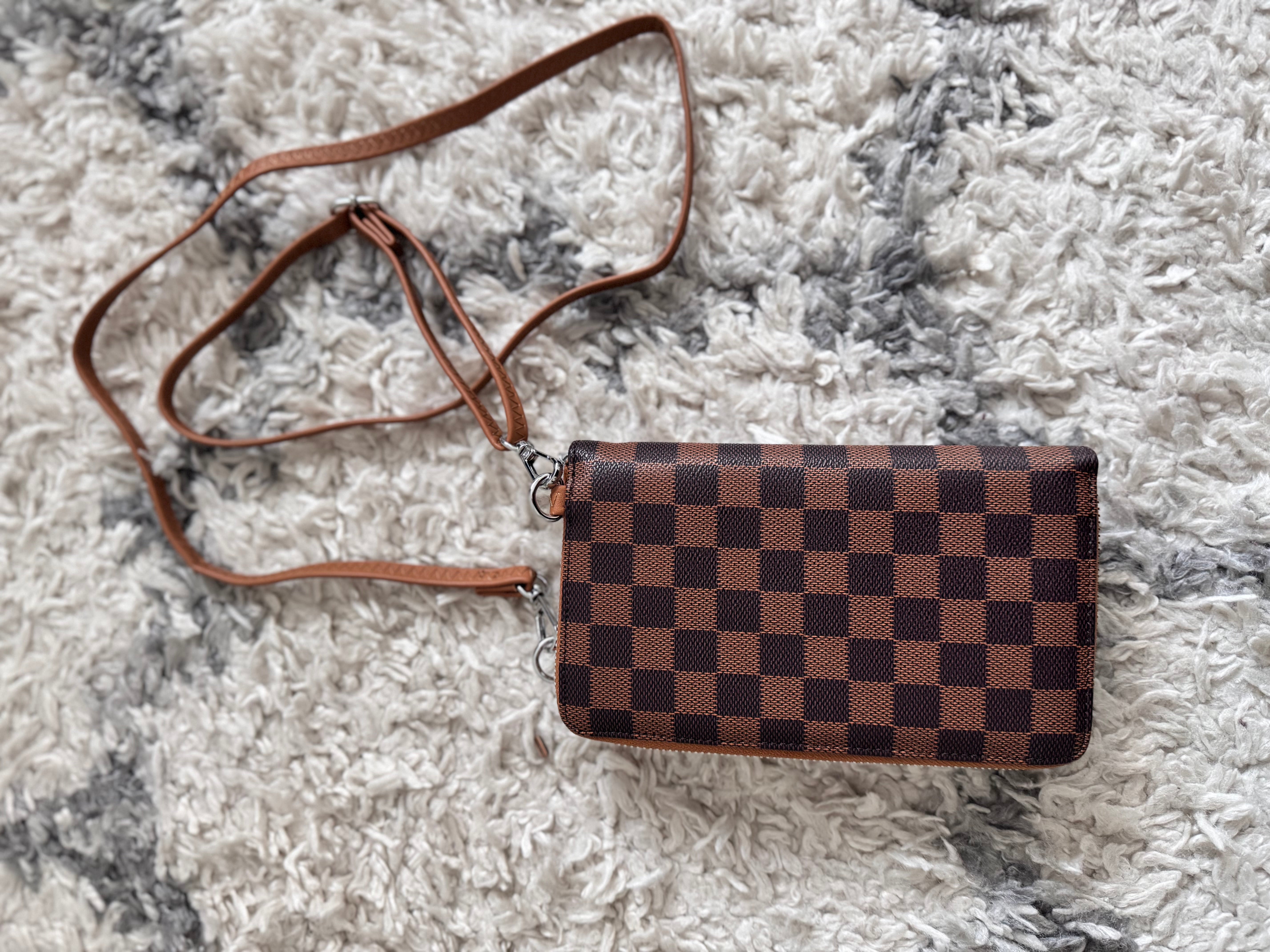 Check Phone Bag/Wallet in Chocolate & Tan