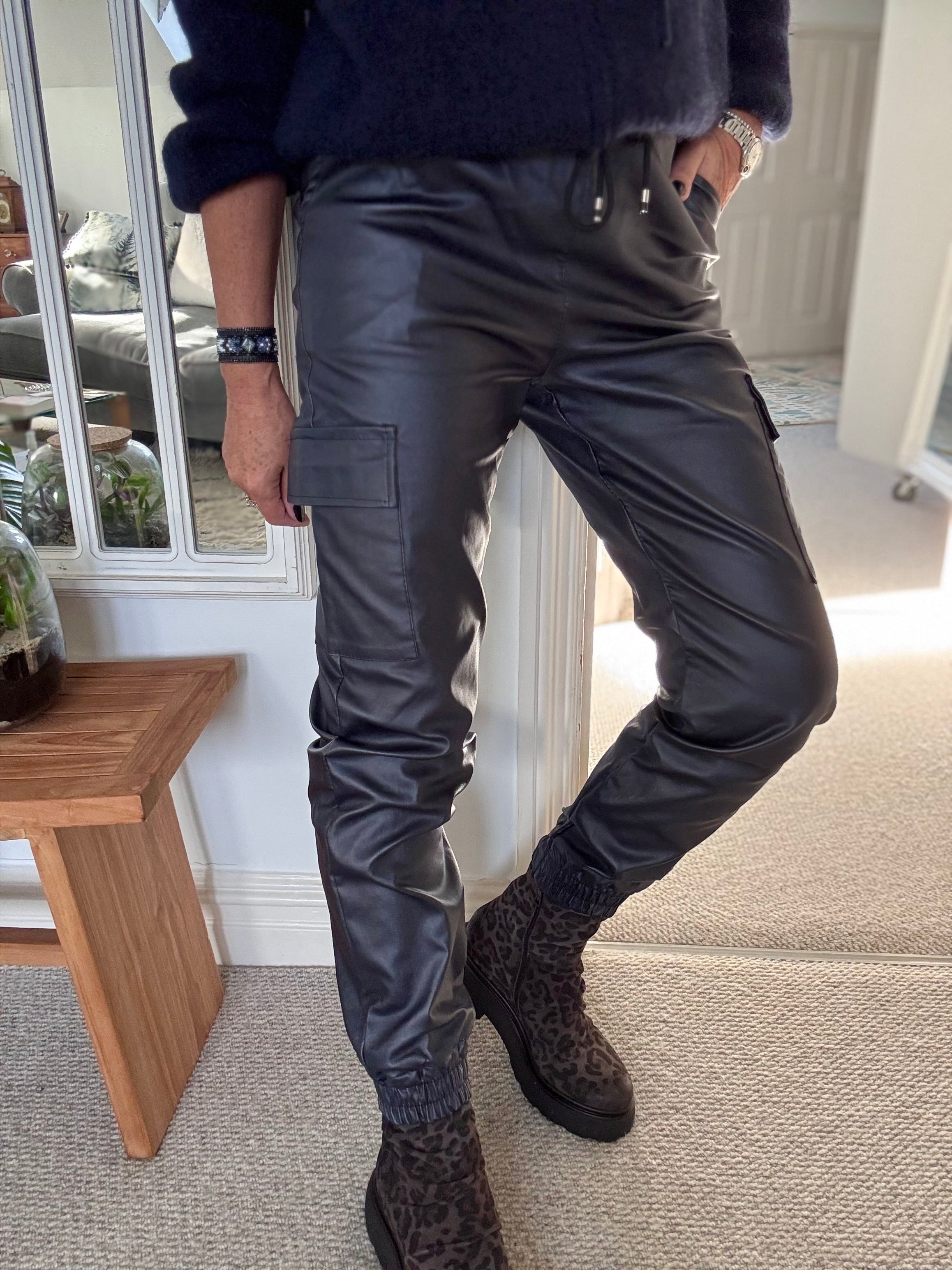 Leather Look Cargo Joggers in Midnight
