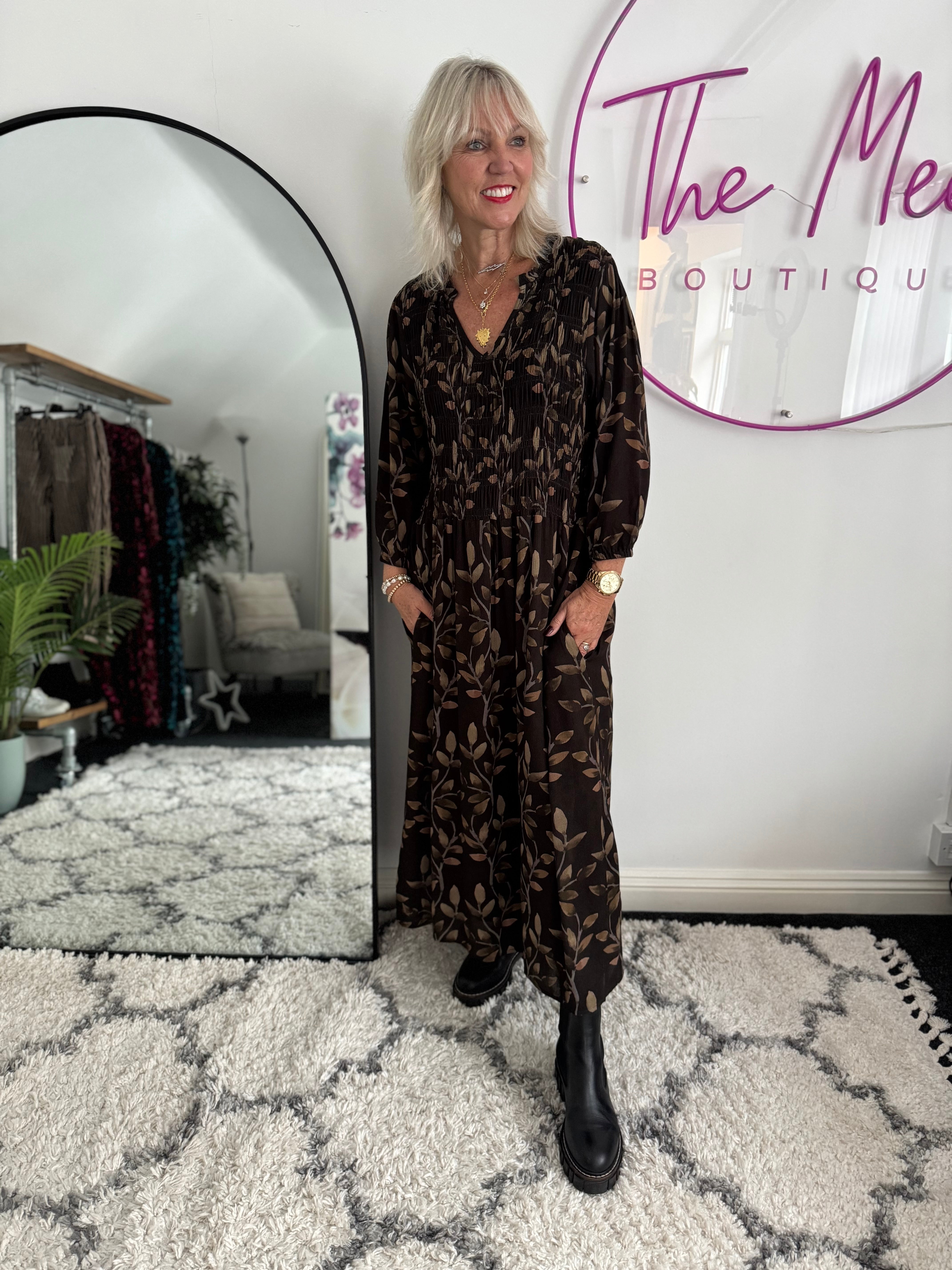 Leaf Print Dress with Shirred Bodice in Chocolate