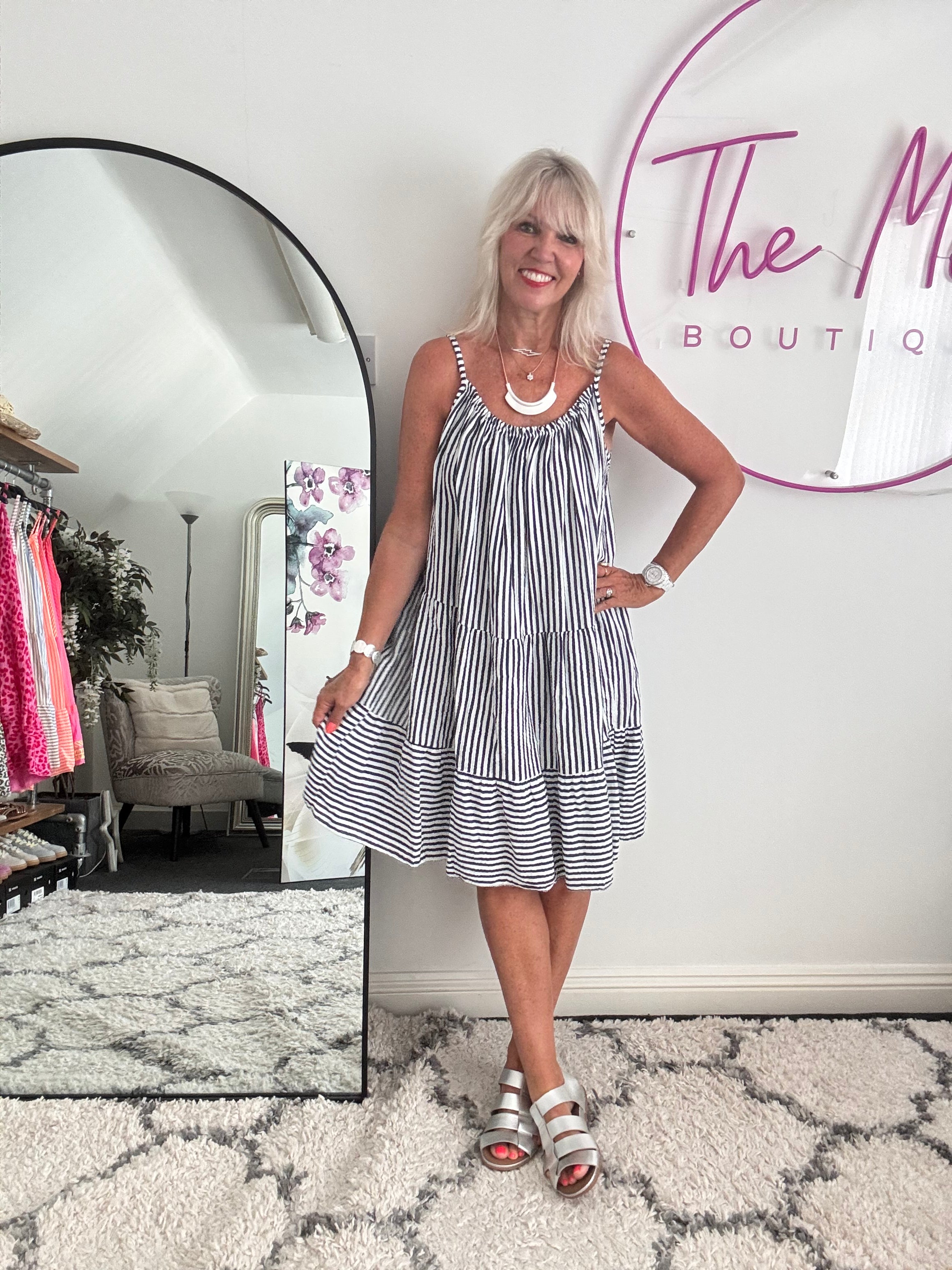 Stripe Cheesecloth Dress in Navy & White