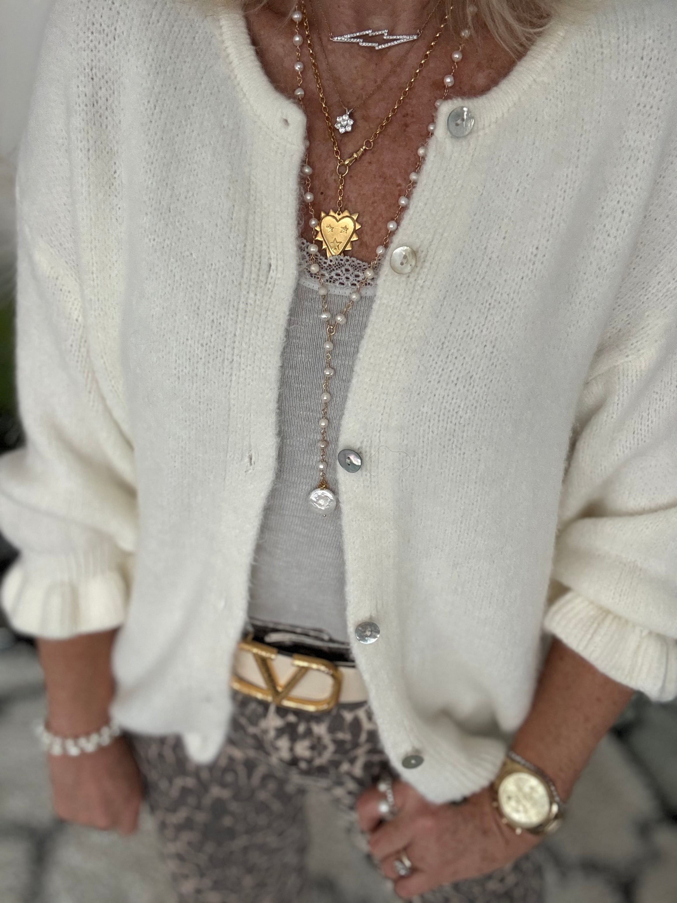 Alpaca Cardi with Frill Cuffs in Winter White