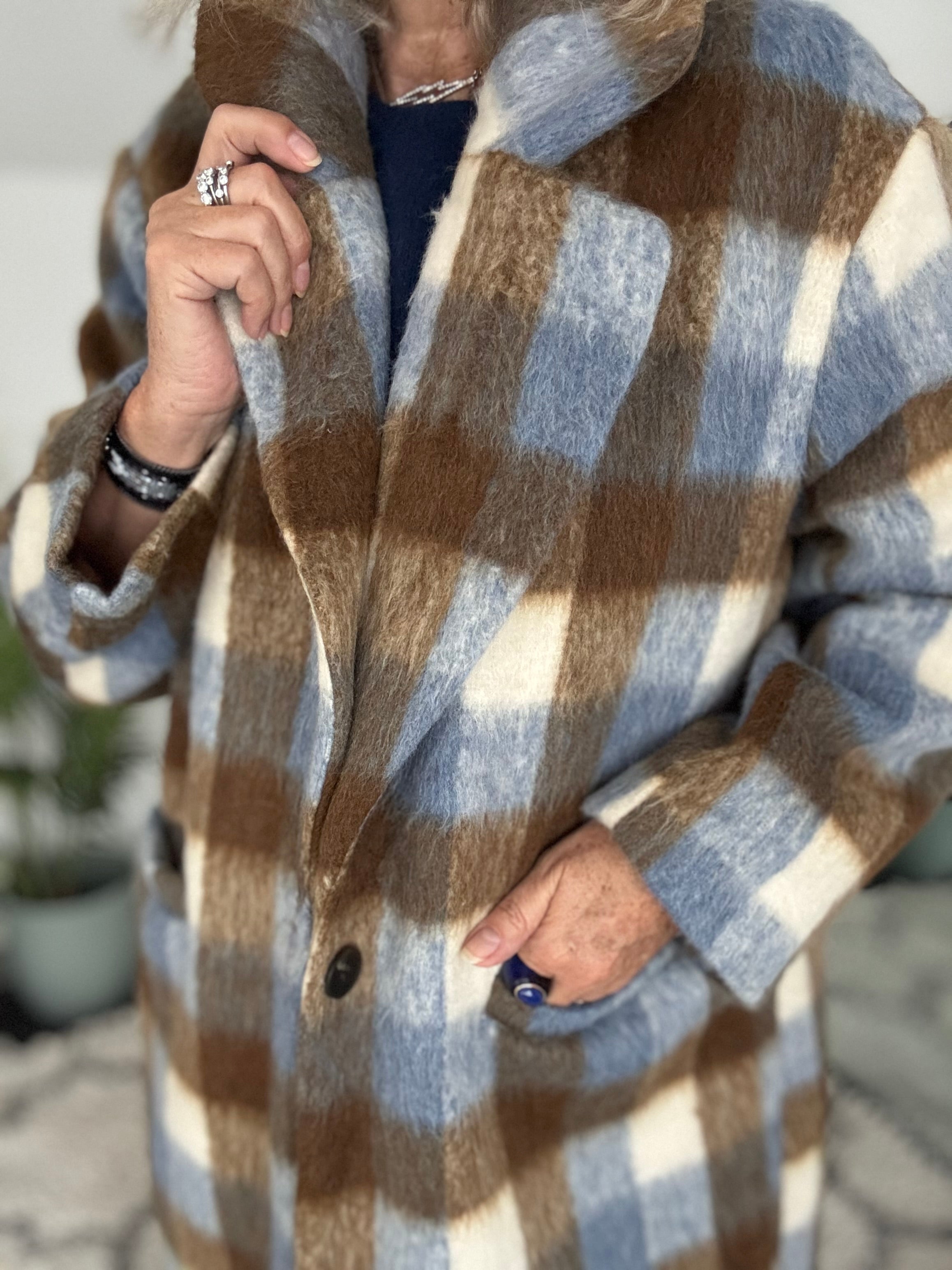 Check Mohair Coat in Blue & Chocolate
