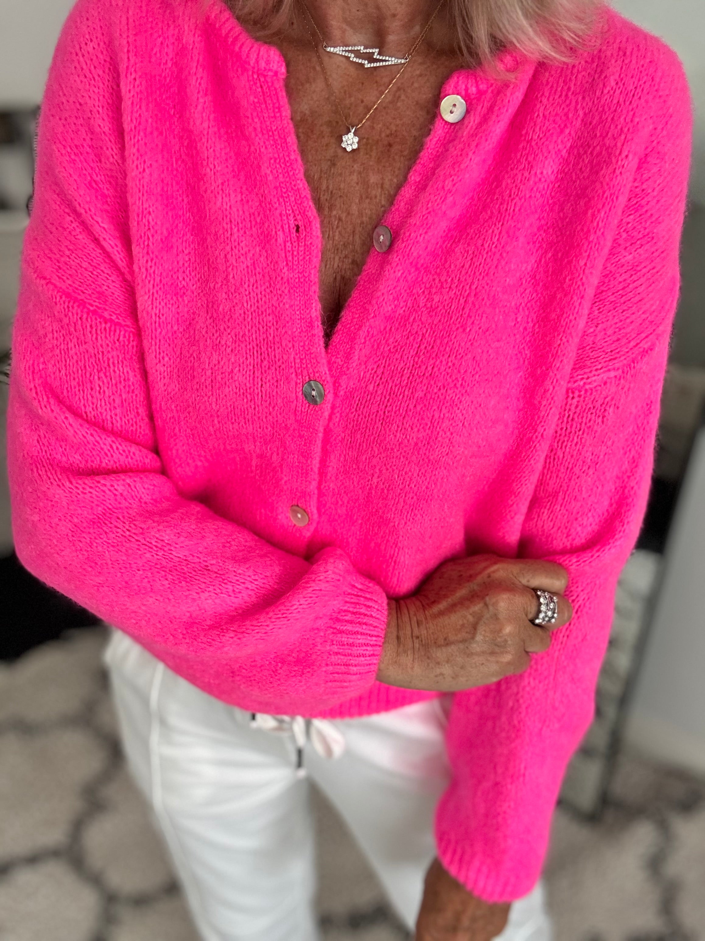 Alpaca Buttoned Cardi in Neon Pink