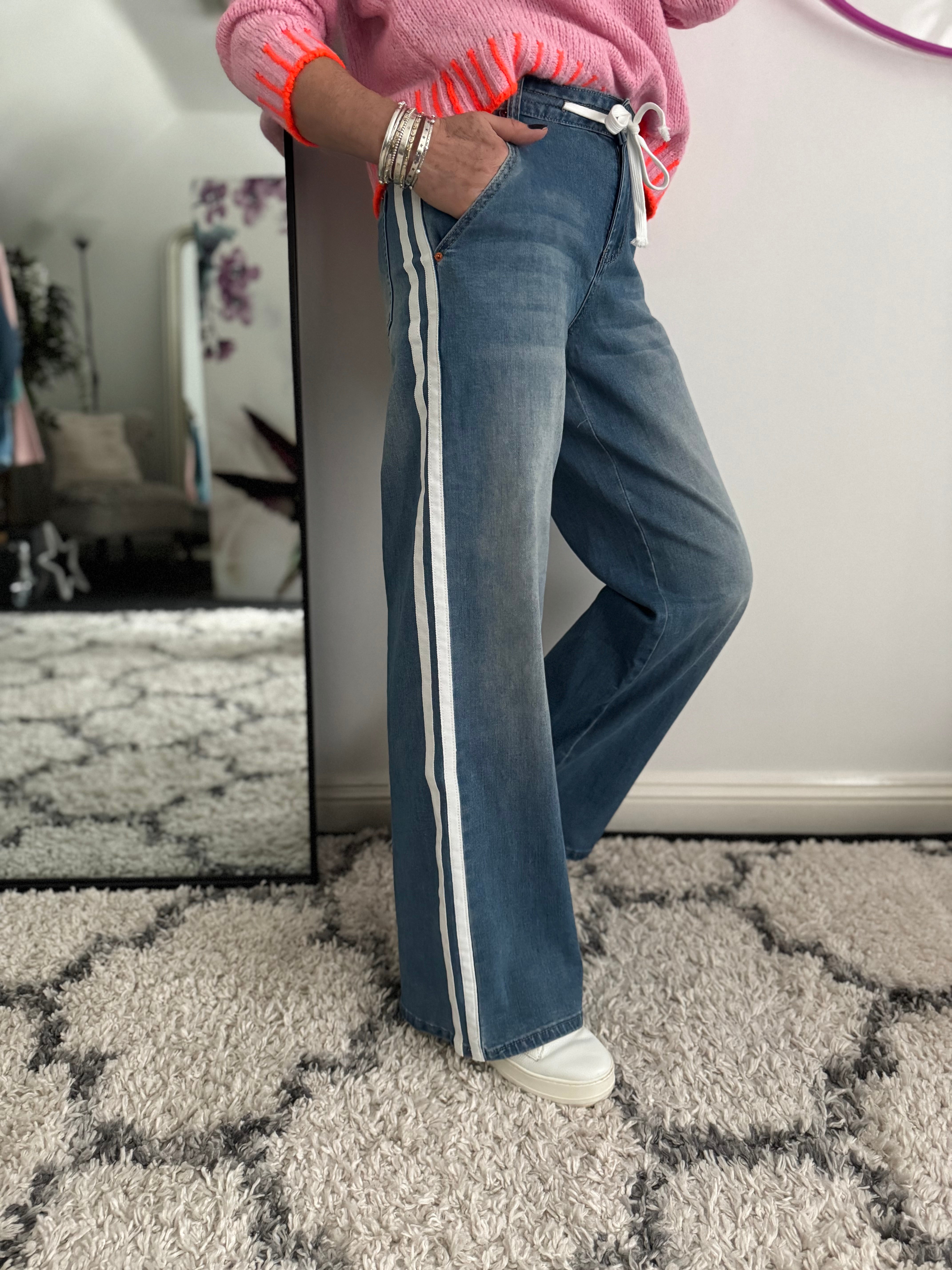 Soft Flared Jeans with Side Stripes in Light Denim