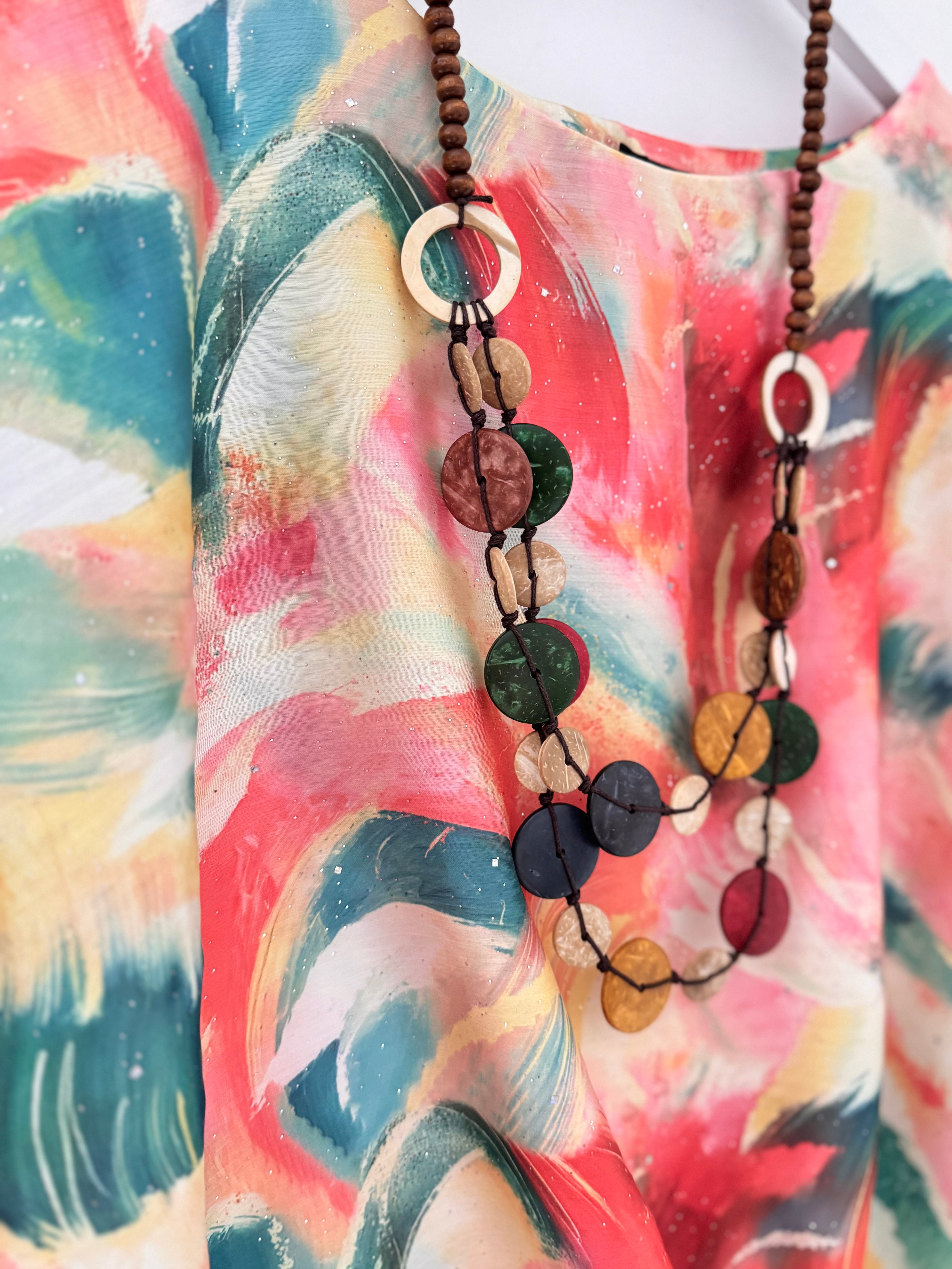 Silky Top with Necklace in Coral & Green