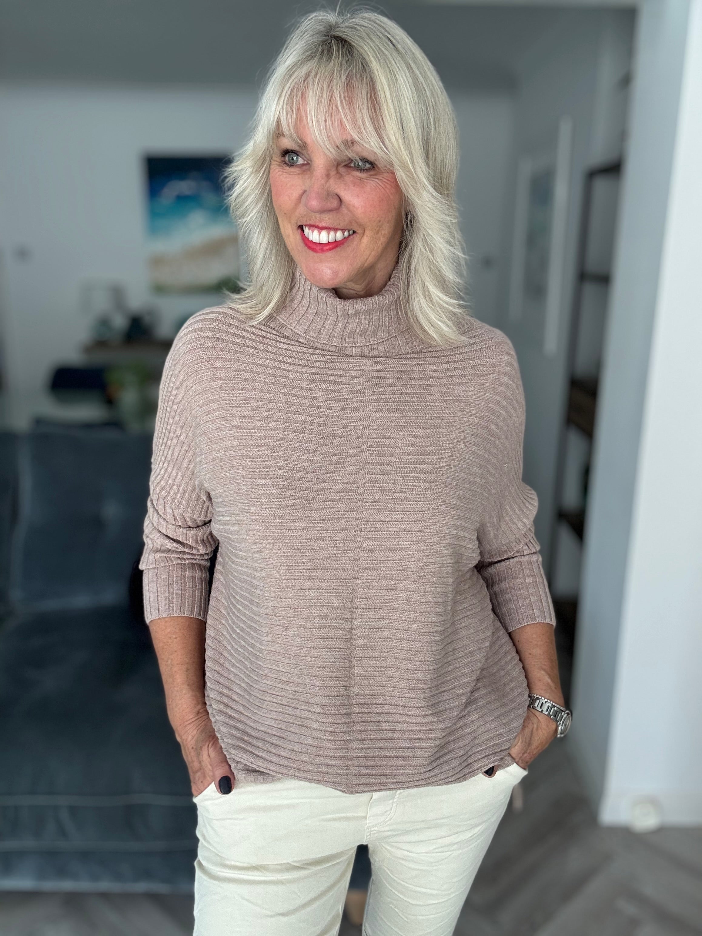 Ribbed Roll Neck Poncho Jumper in Mocha