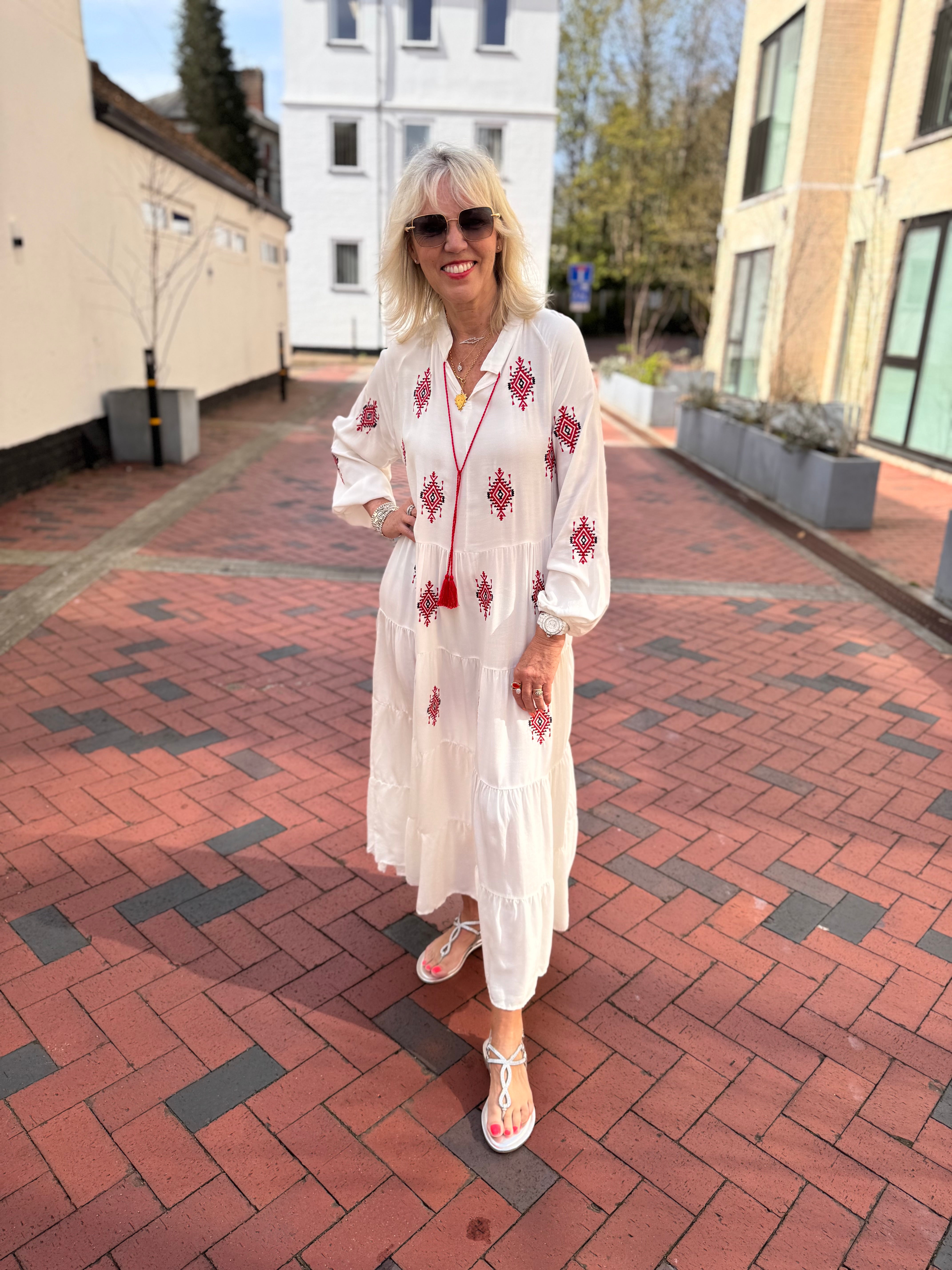 Embroidered Buttoned Midi Dress in White