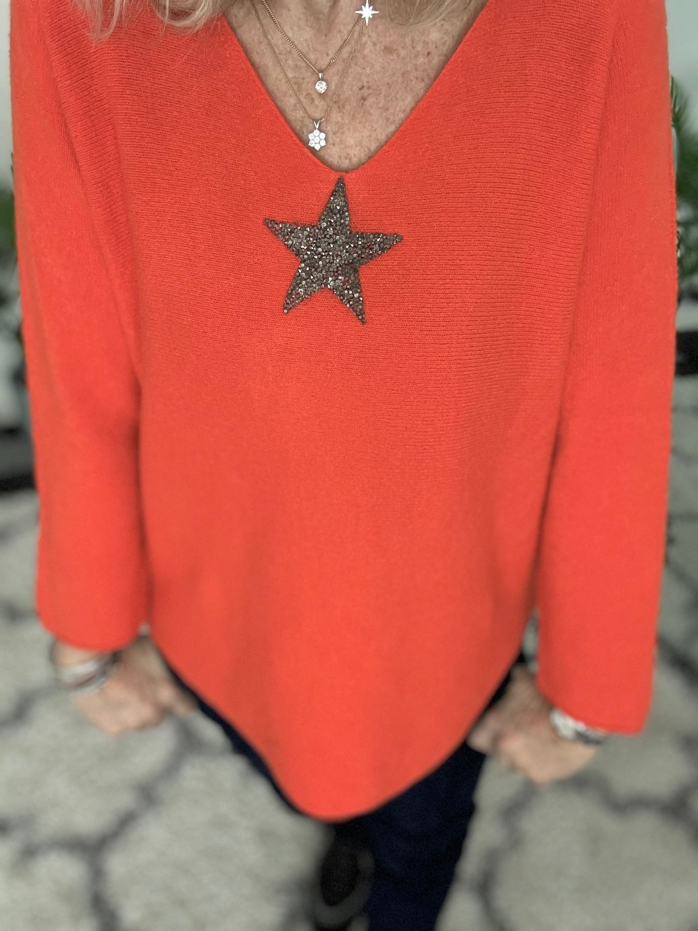 V Neck Glitter Star Jumper in Orange