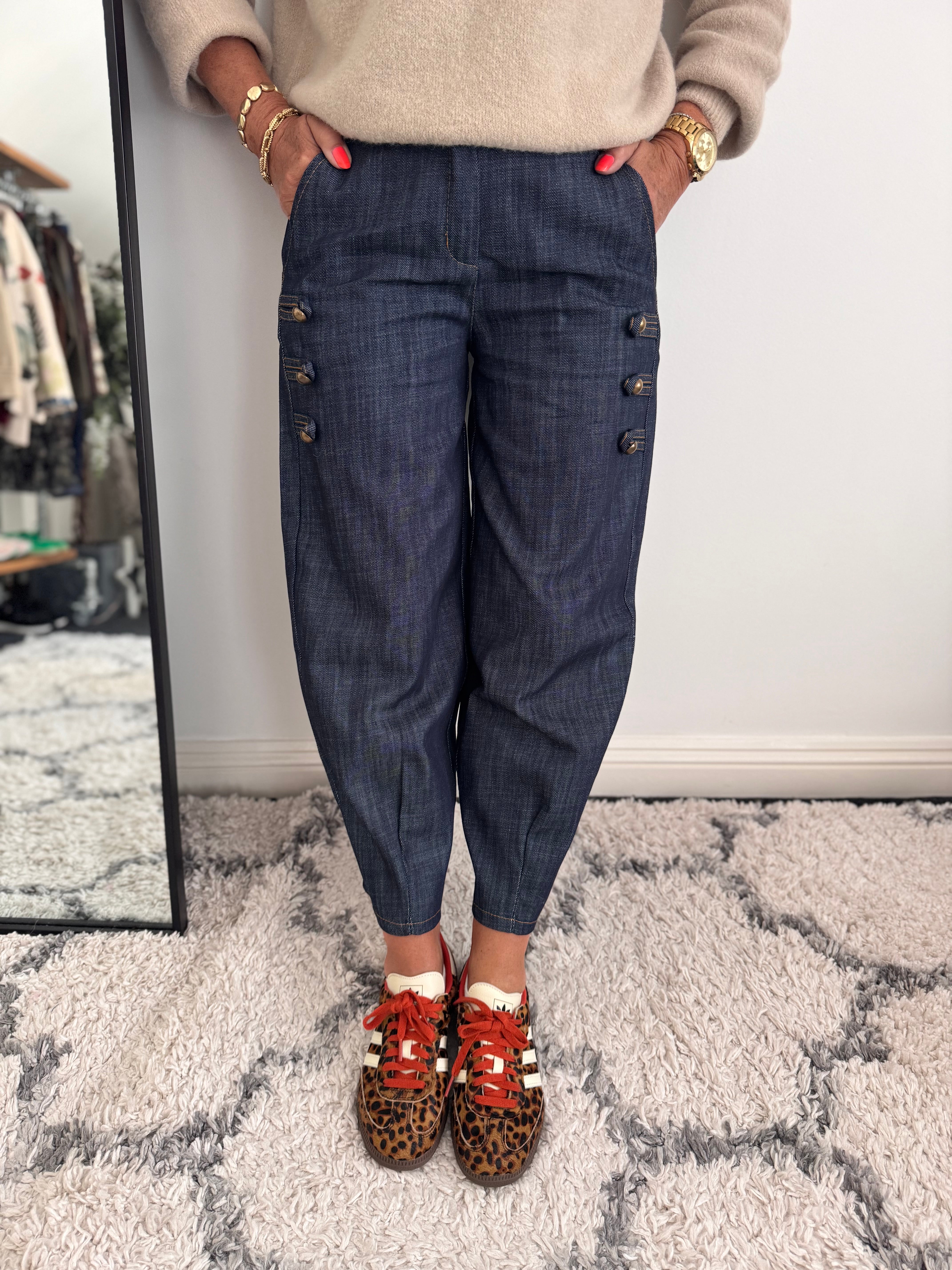 Military Barrel Leg Trousers in Dark Denim