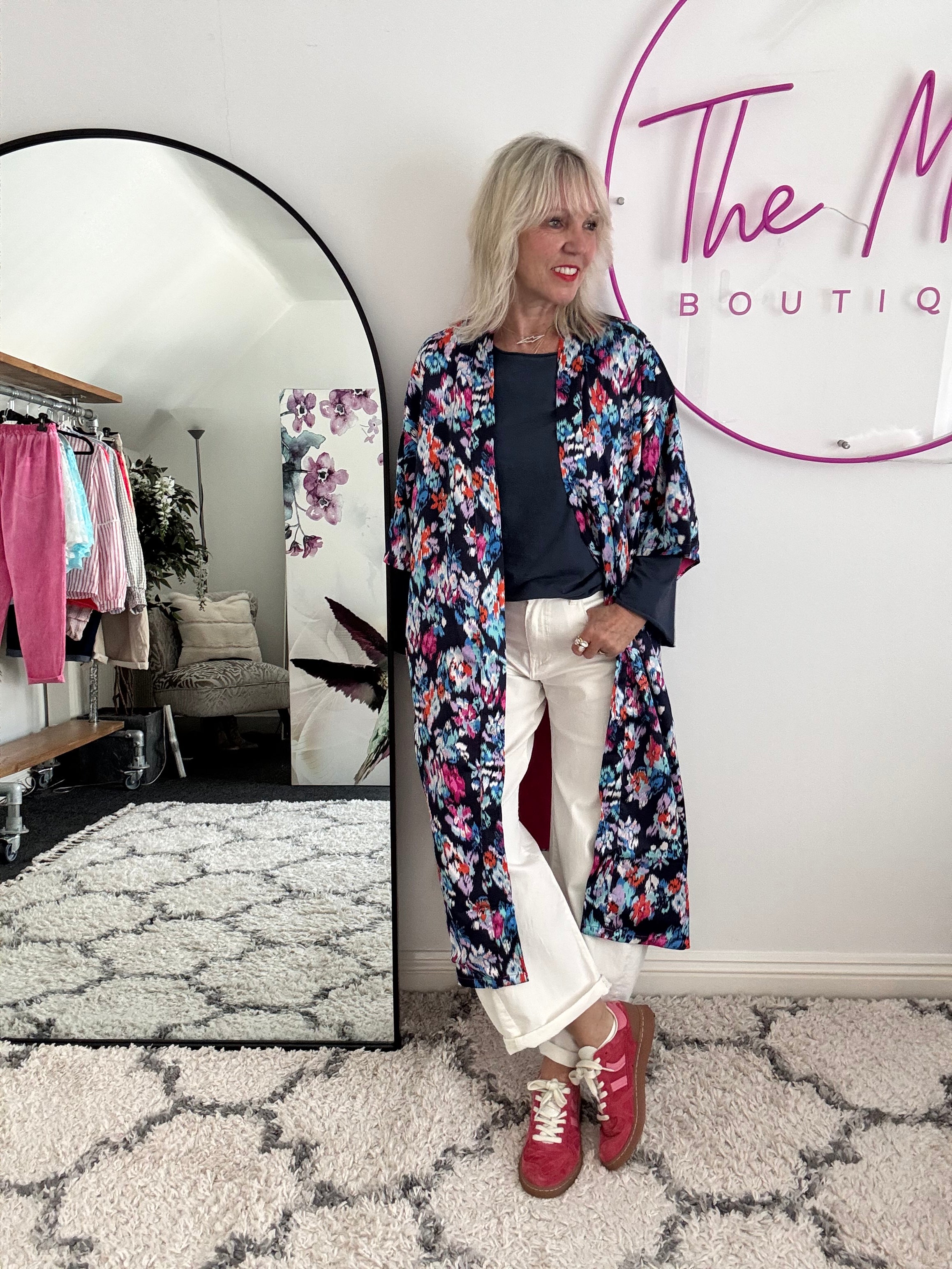 Silky Long Kimono in Blues & Pinks