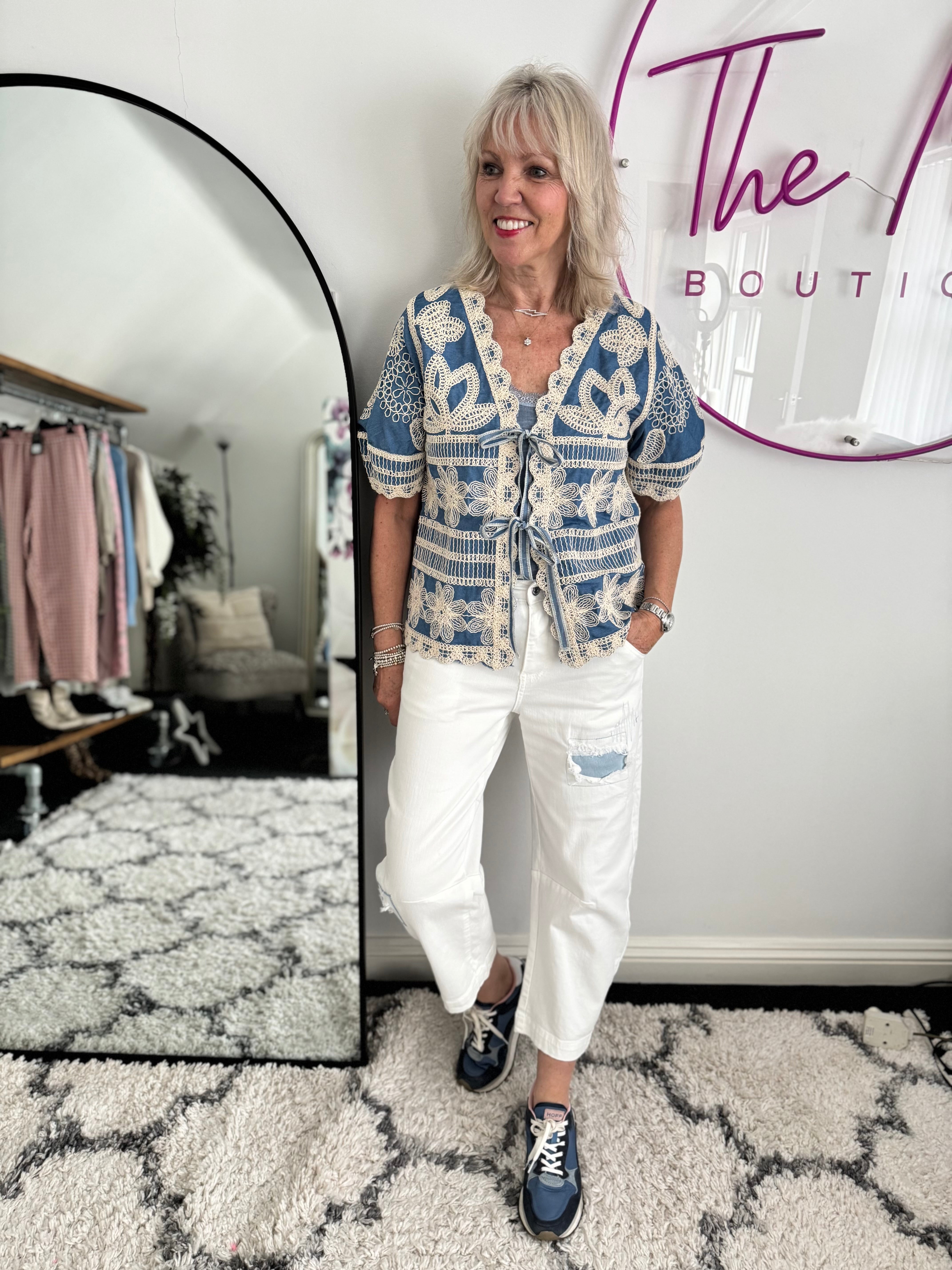 Embroidered Top with Tie Front