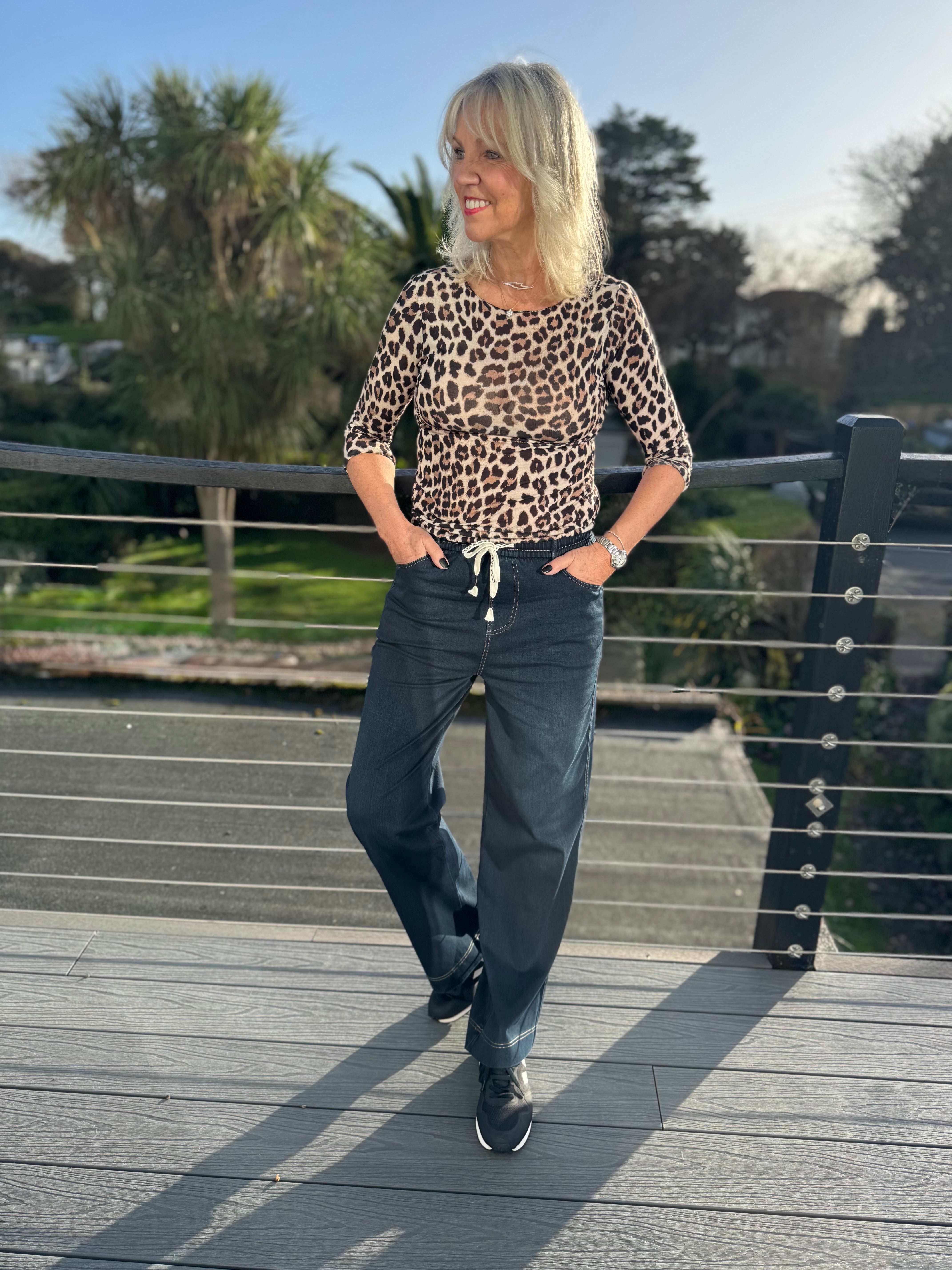 Stretch Wide Leg Joggers in Dark Denim