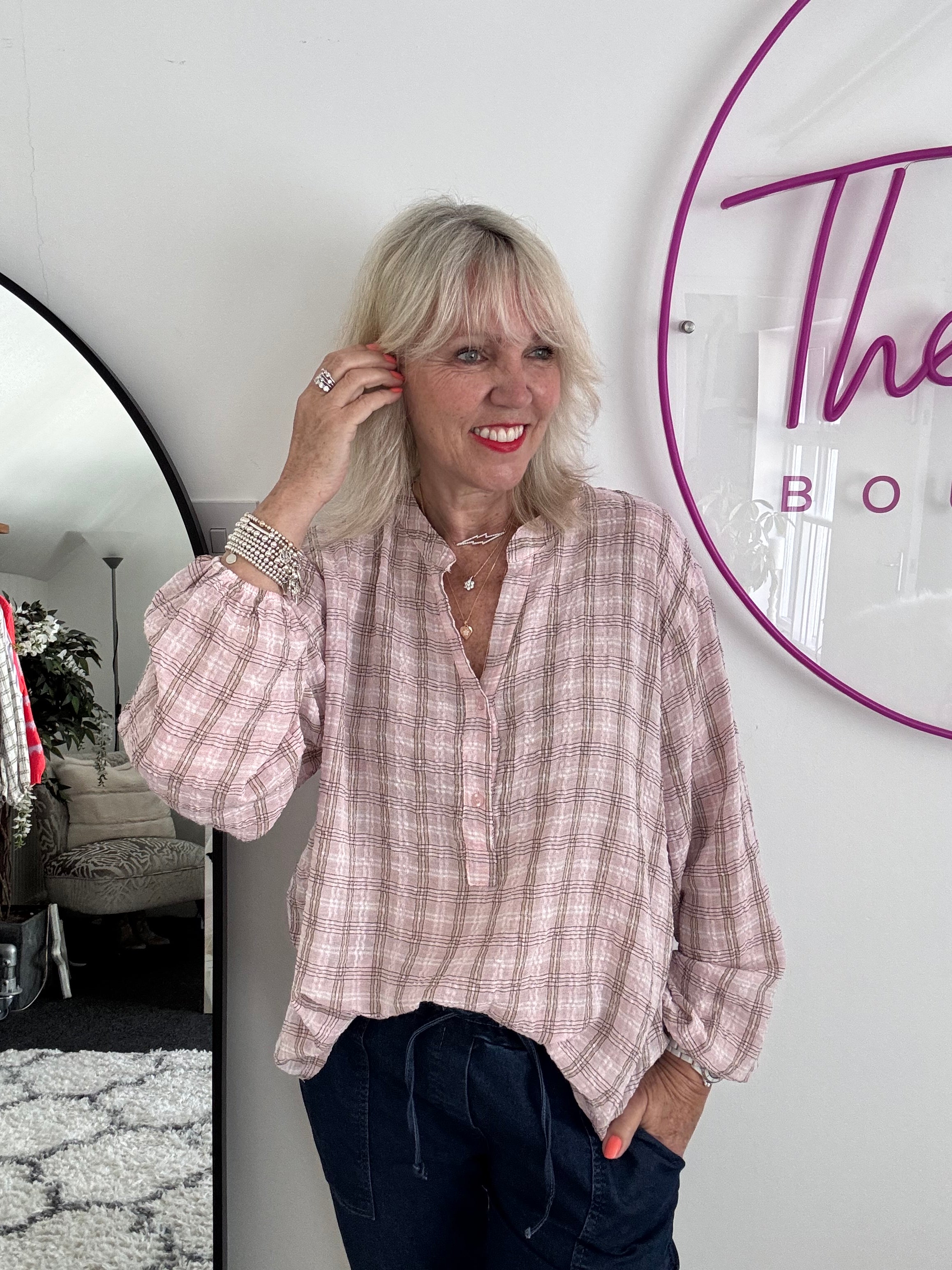 Checked Seersucker Shirt in Pink