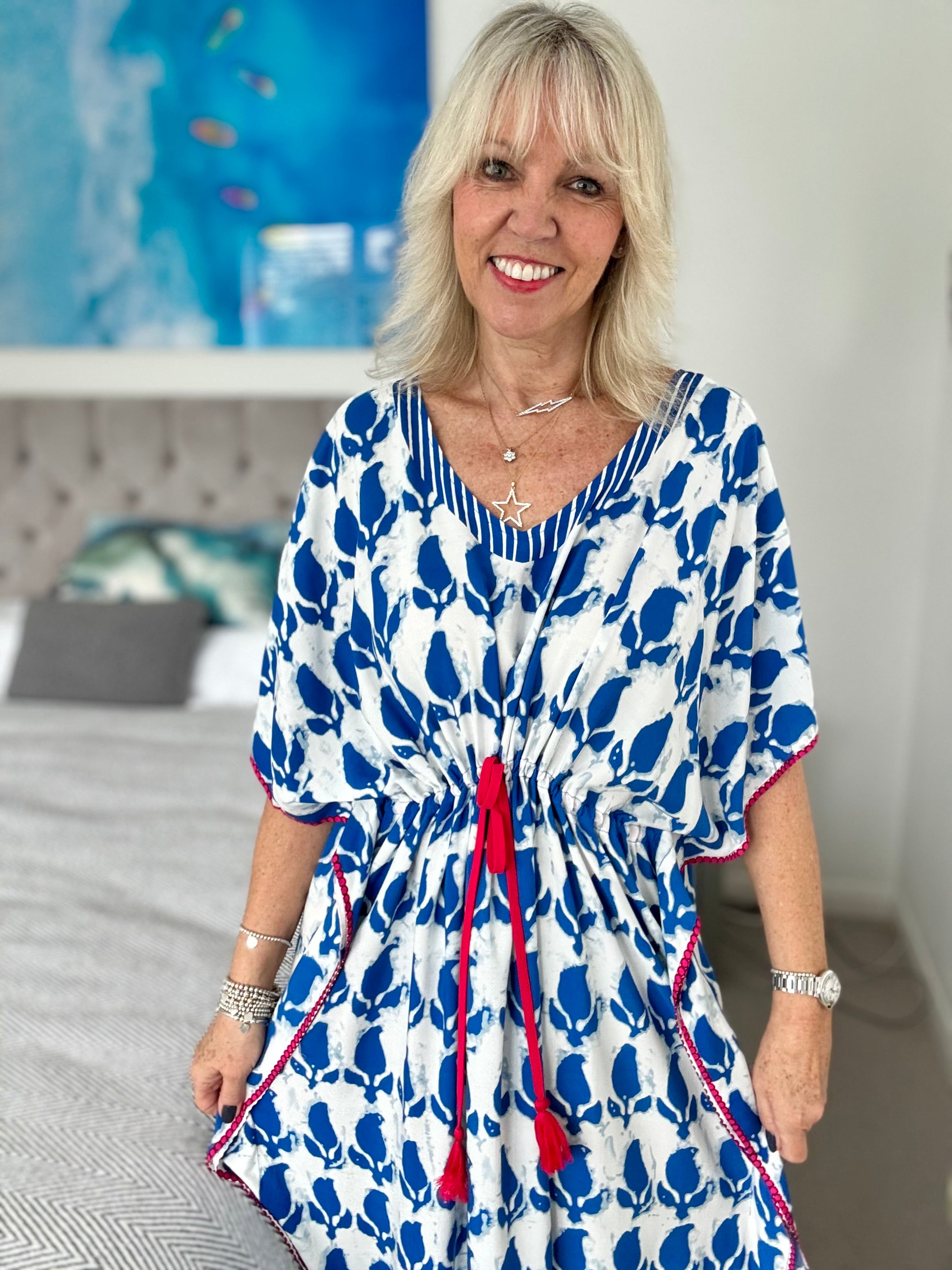 Kaftan Dress in Blue & White