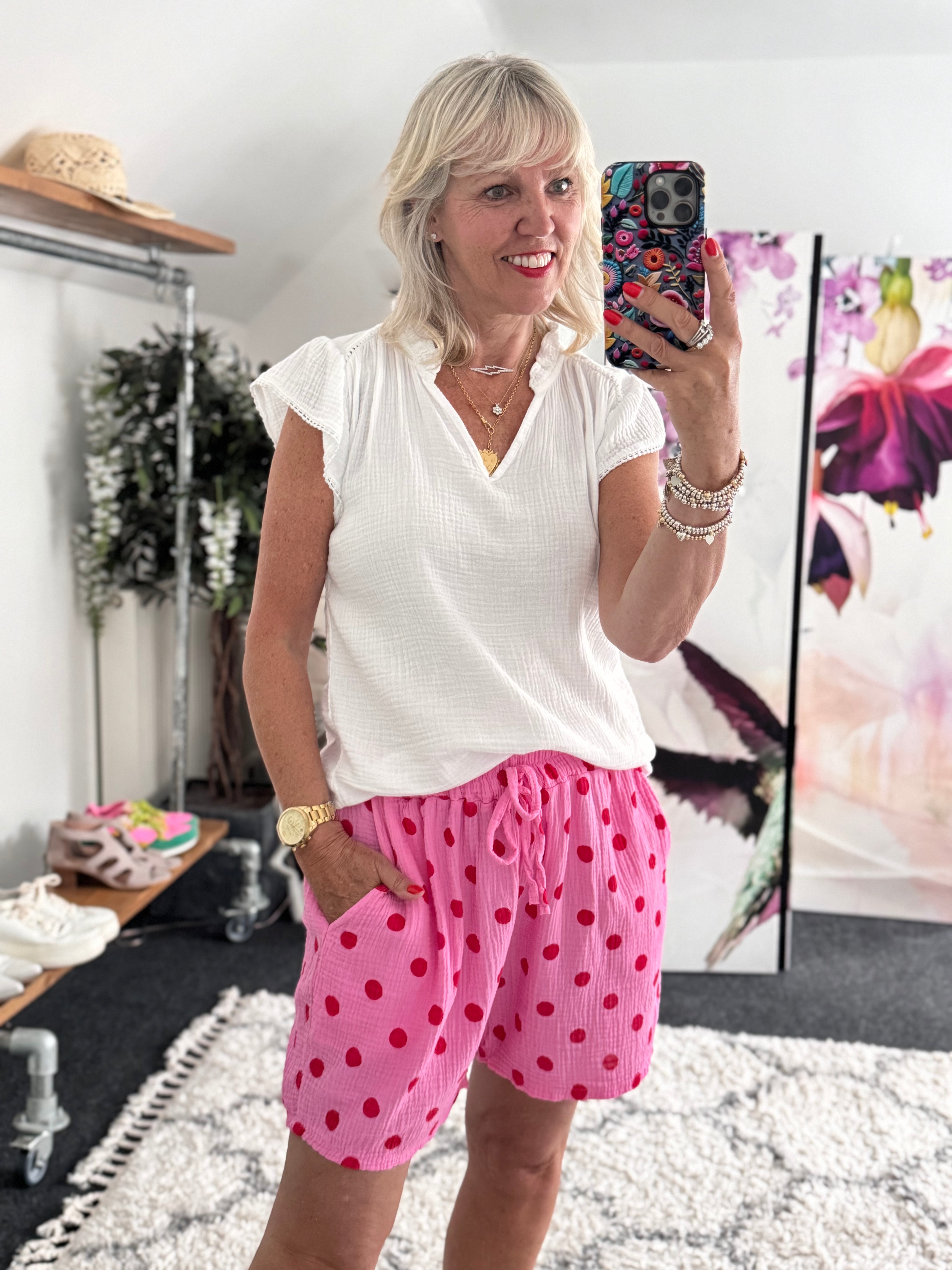 Cheesecloth Spot Shorts in Pink & Red
