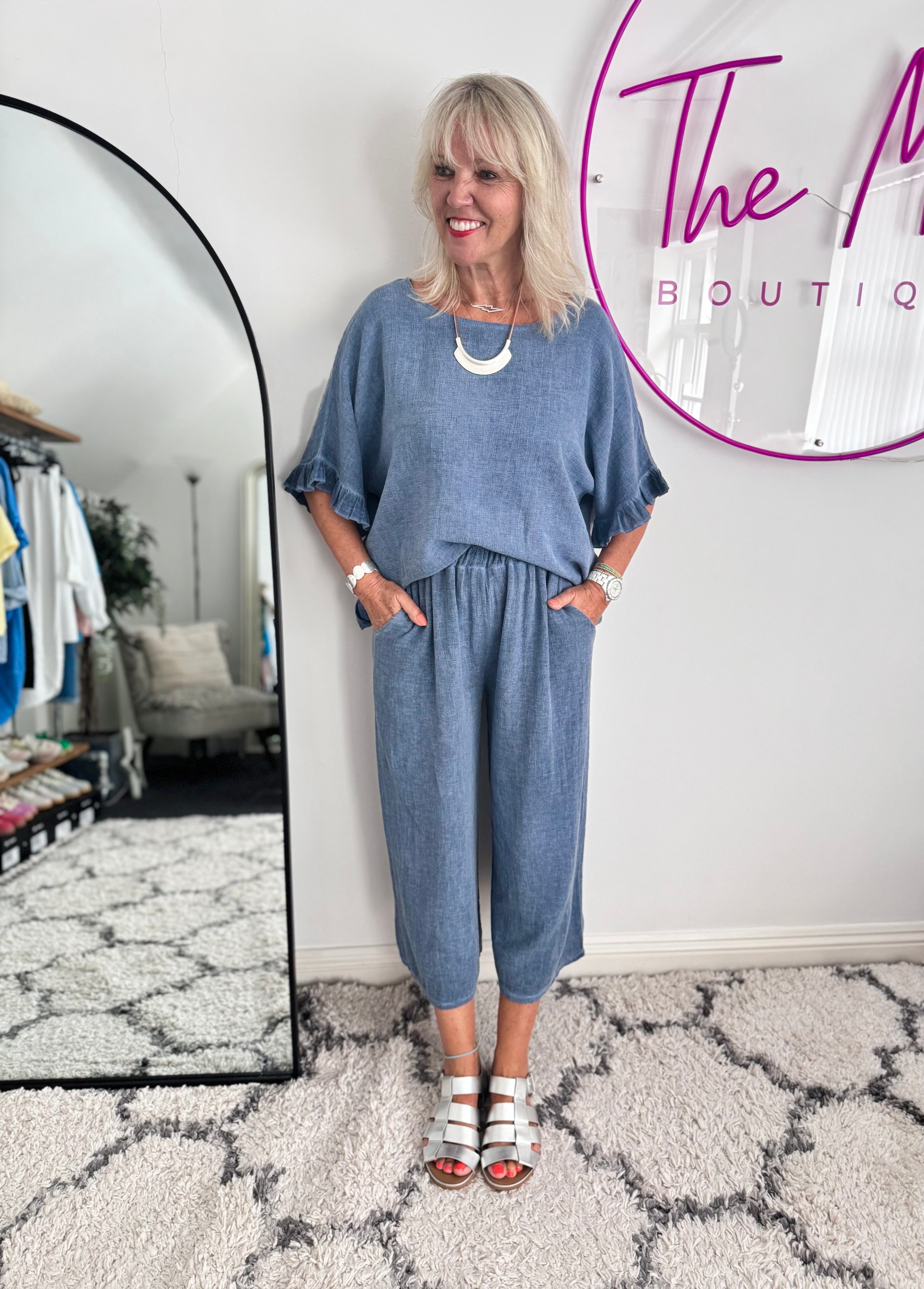 Linen & Cotton Crop Trousers in Denim Blue