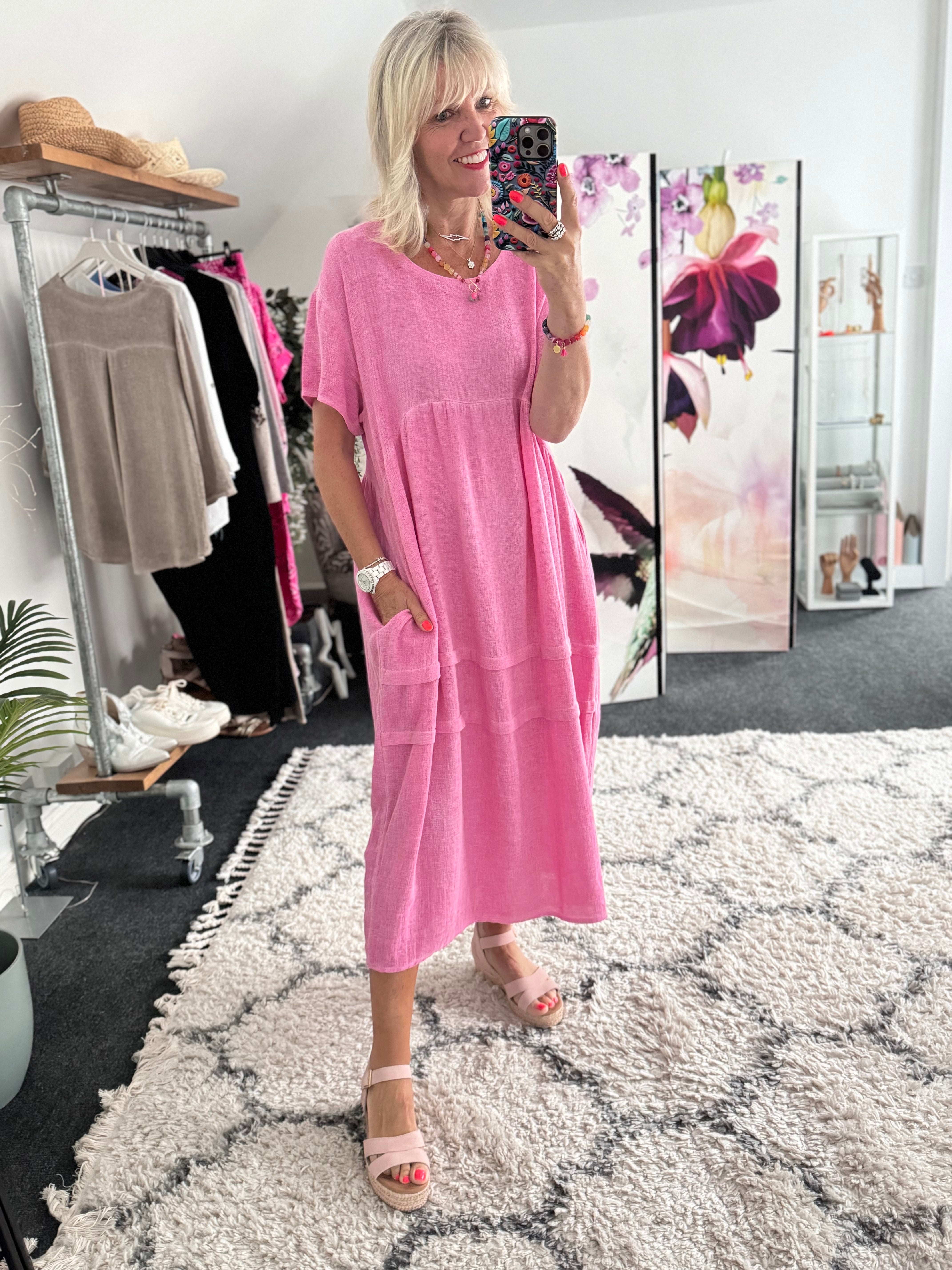 Cotton & Linen Cocoon Dress in Fuchsia