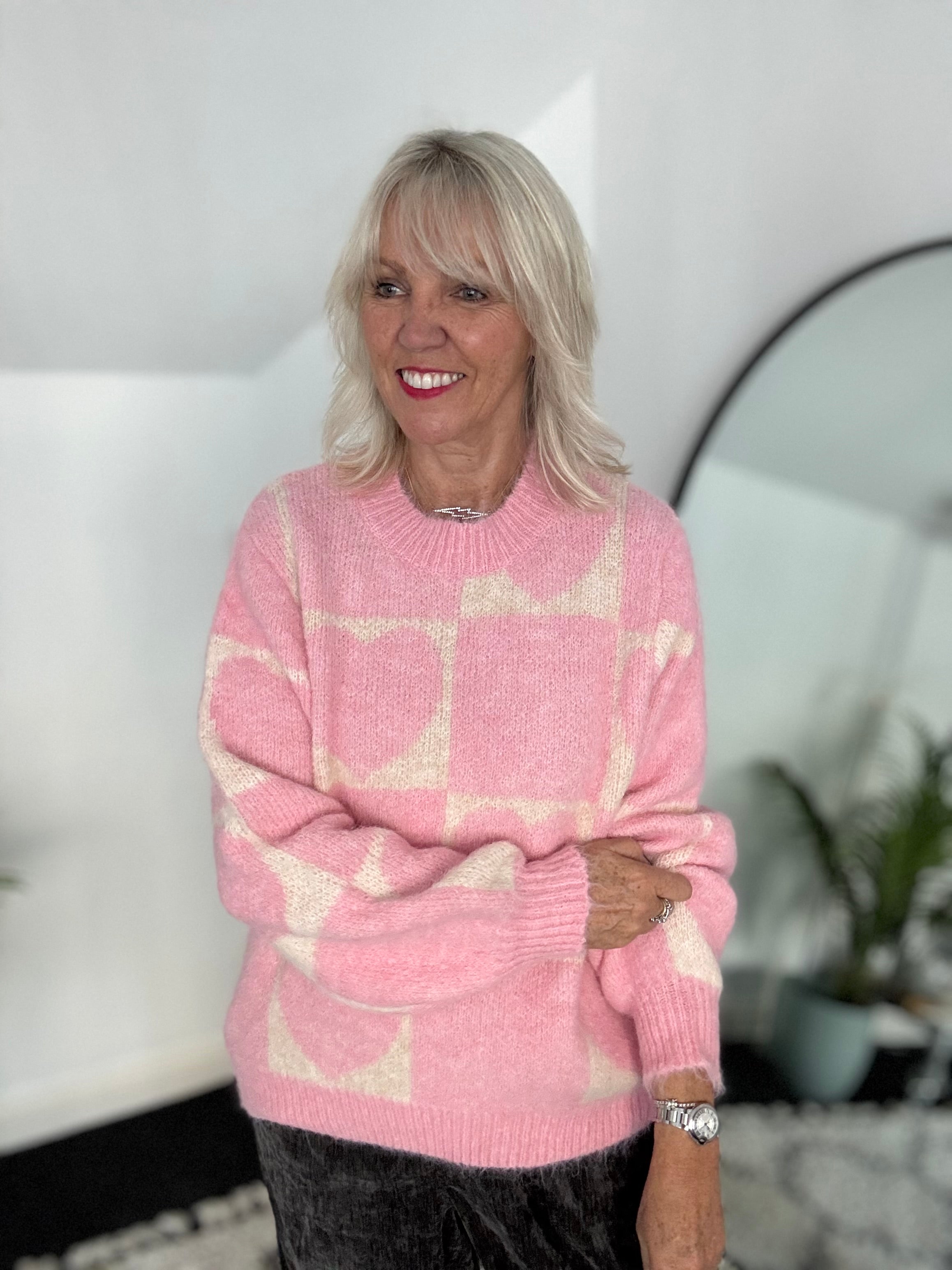 Heart & Squares Sweater in Pink & Ecru