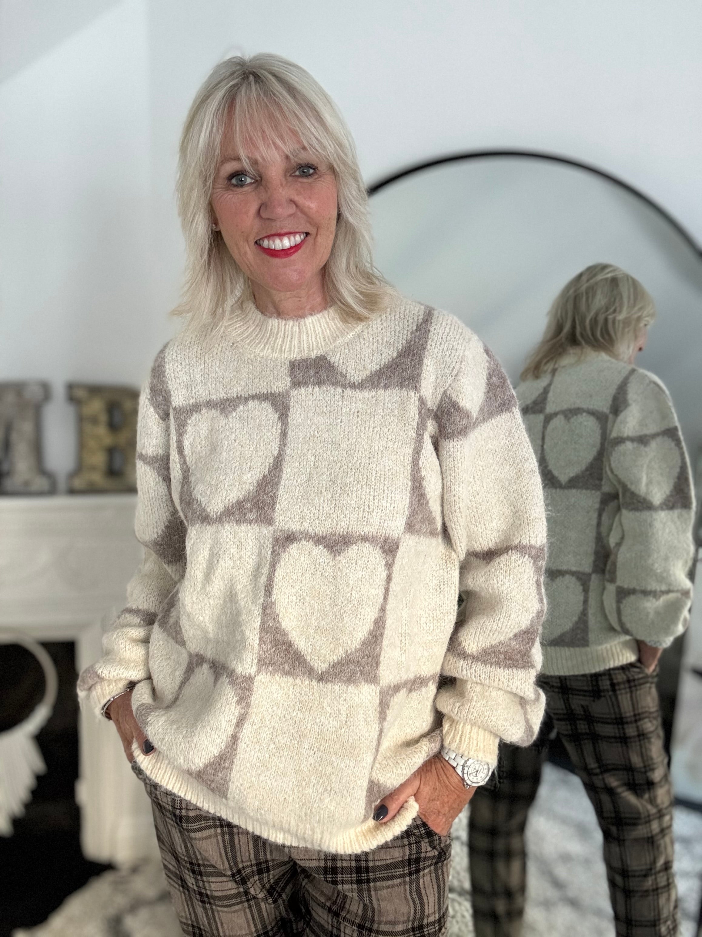 Heart & Squares Sweater in Ecru & Mocha