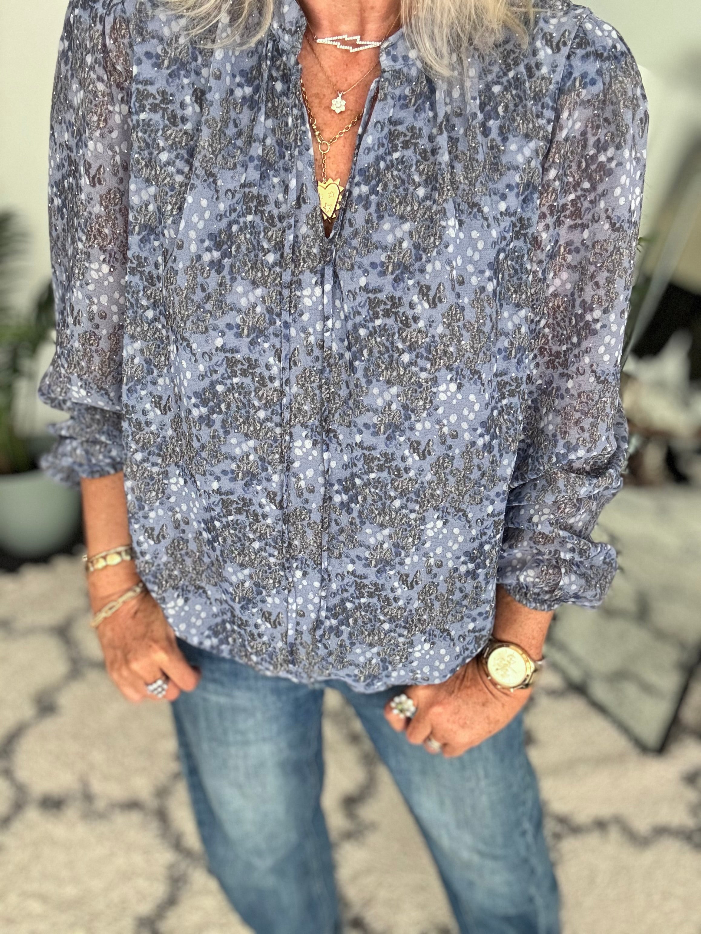 Embellished Blouse in Blue & Grey