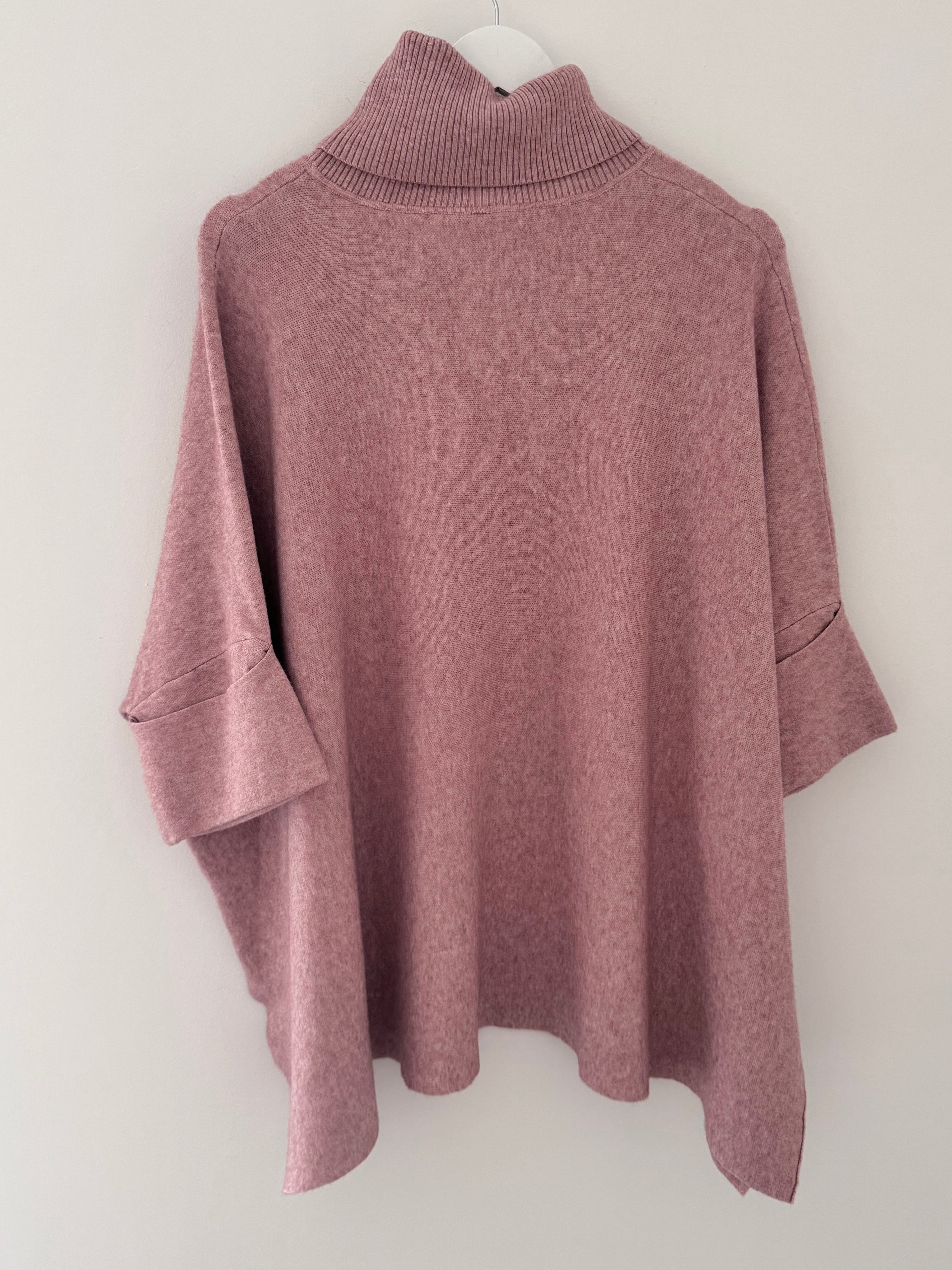 Oversized Roll Neck Poncho Jumper in Pink