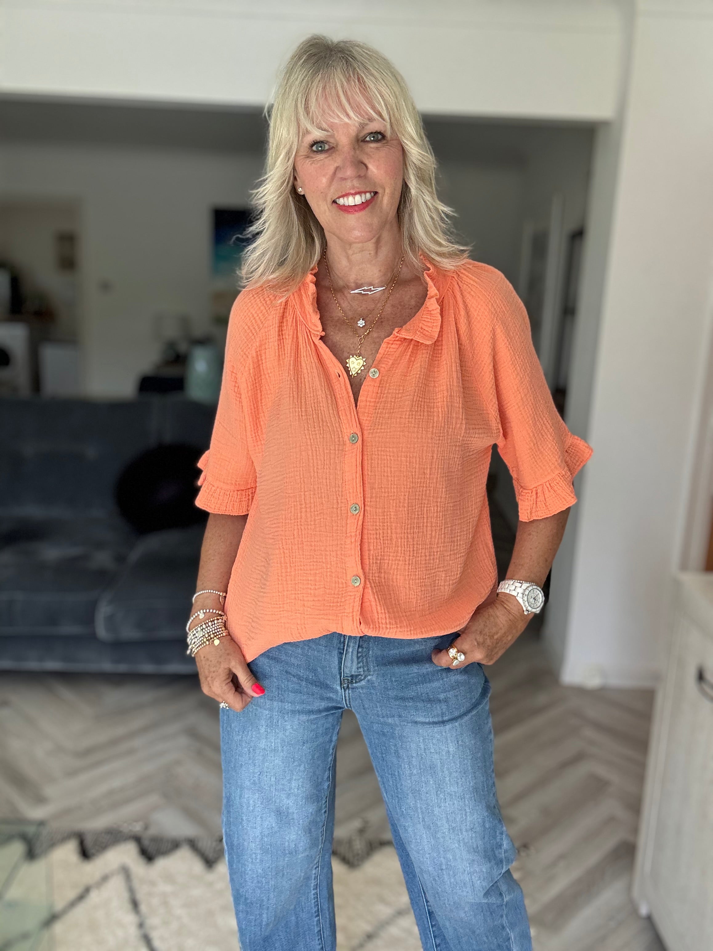 Short Sleeve Cheesecloth Shirt in Tangerine