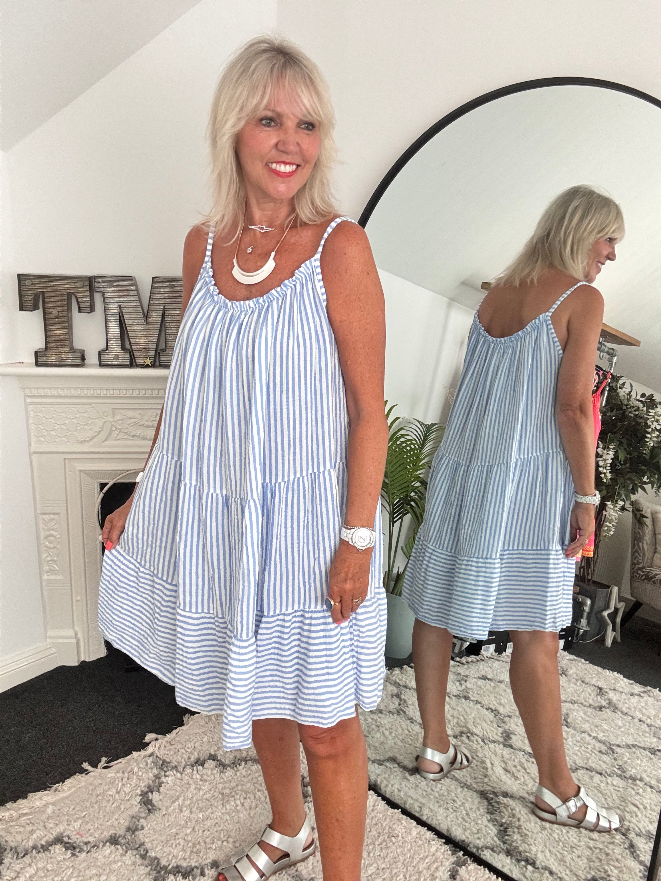 Stripe Cheesecloth Dress in Blue & White