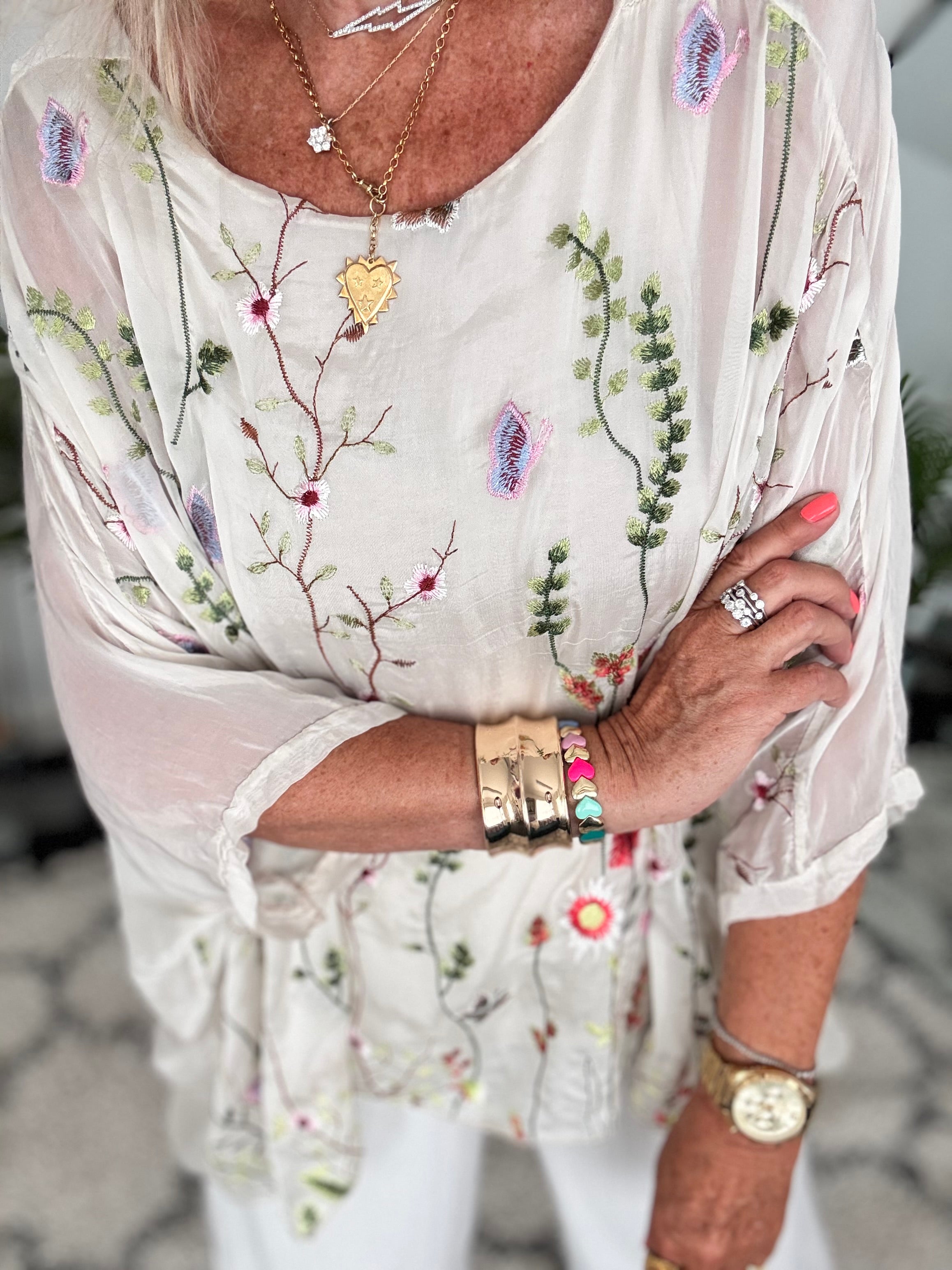 Silk Embroidered Top in Pale Ecru
