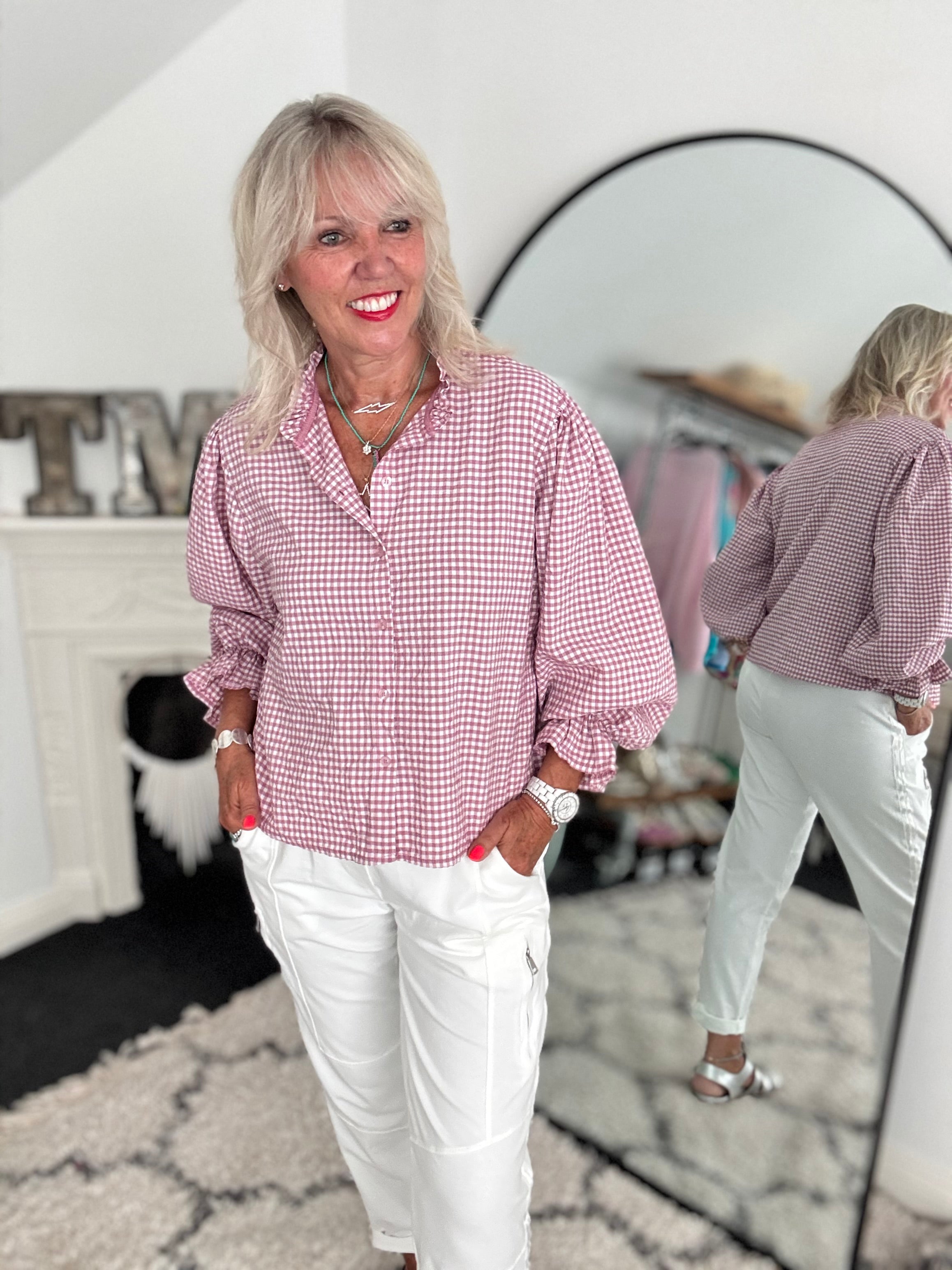 Gingham Seersucker Shirt in Rose Pink