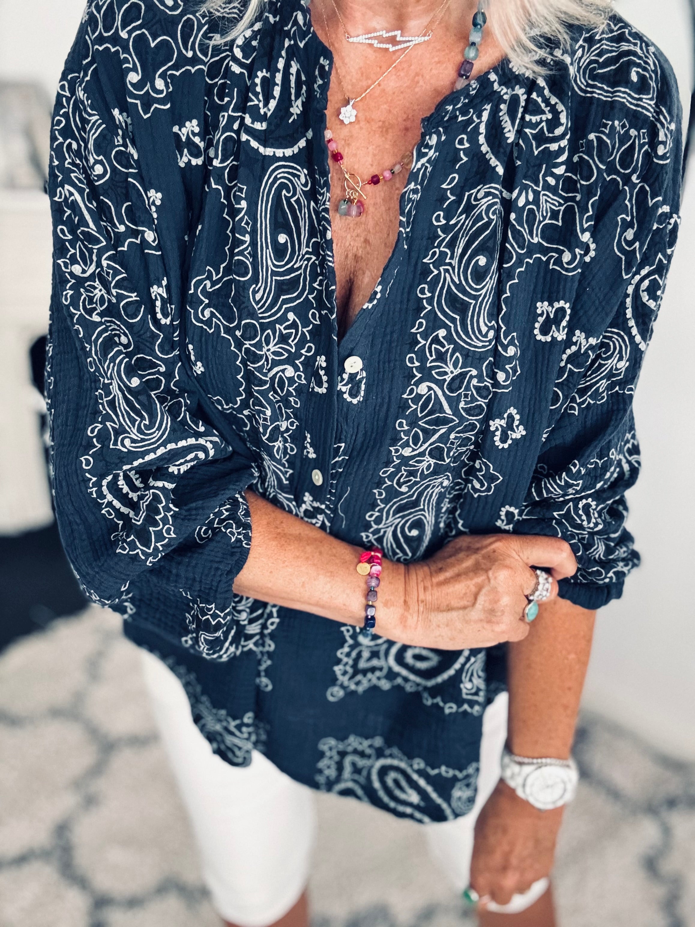 Oversized Paisley Cheesecloth Shirt in Navy