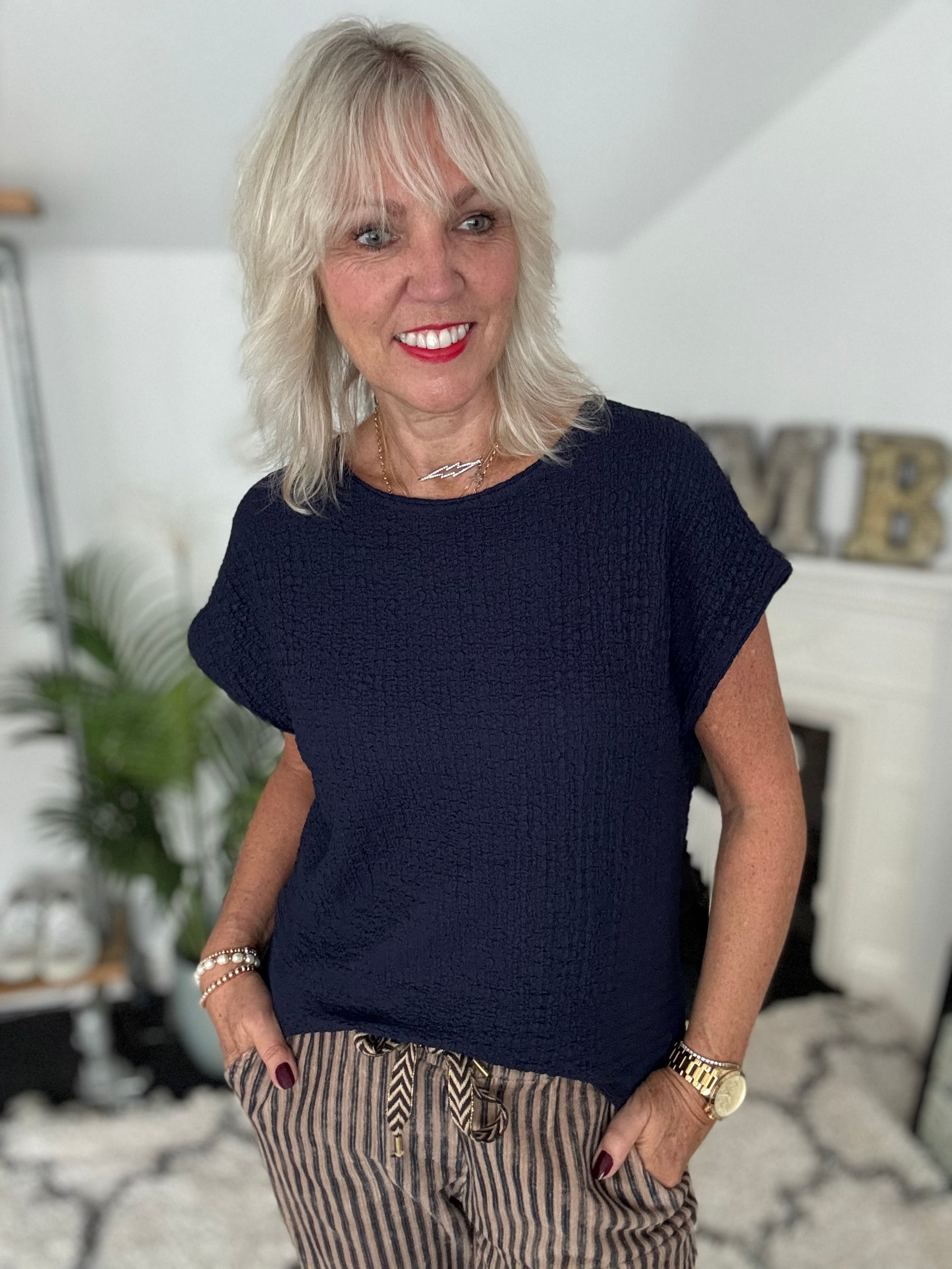 Textured Stretch Crepe Top in Navy