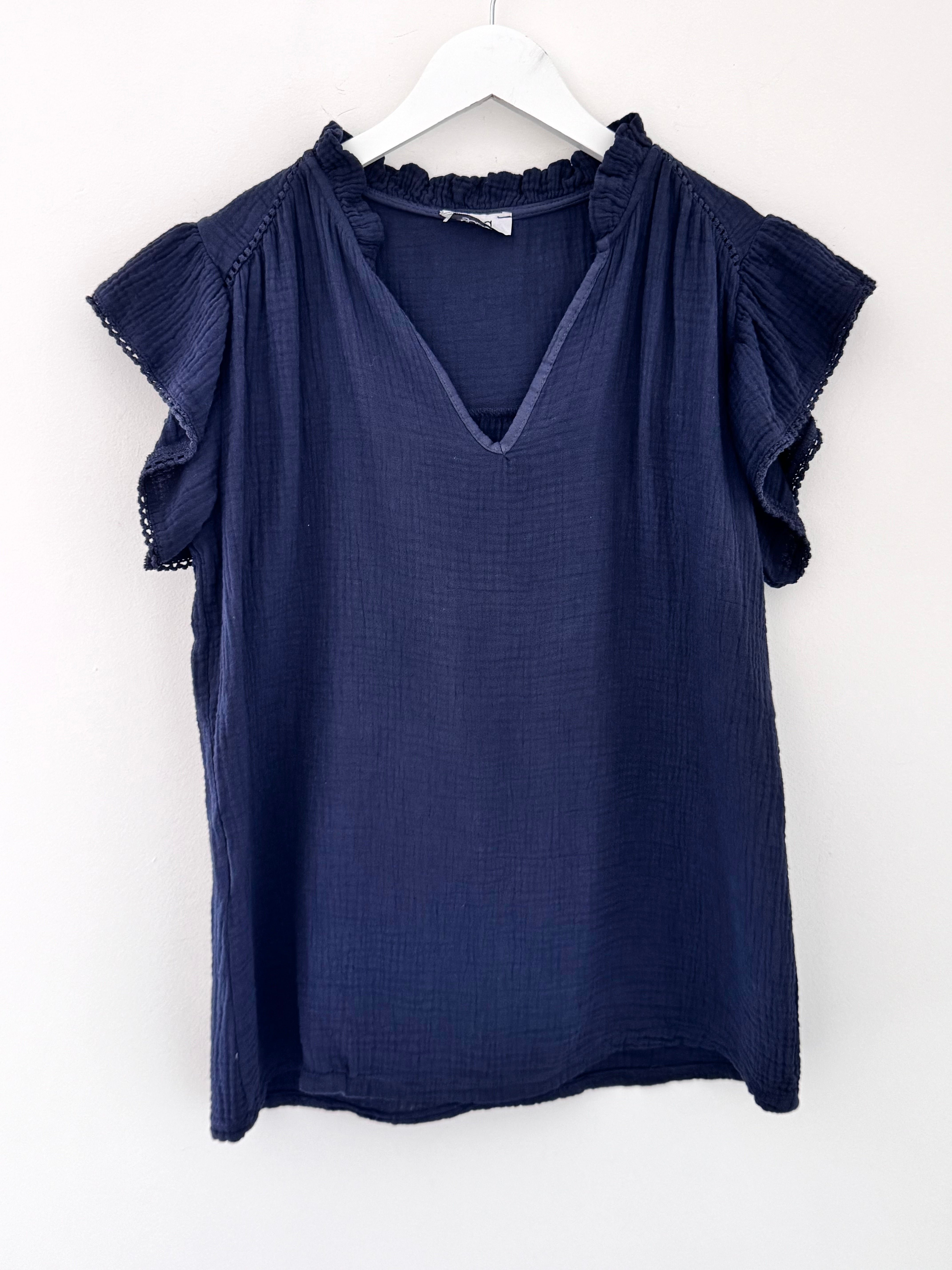 Cheesecloth Top with Ruffle Sleeves in Navy