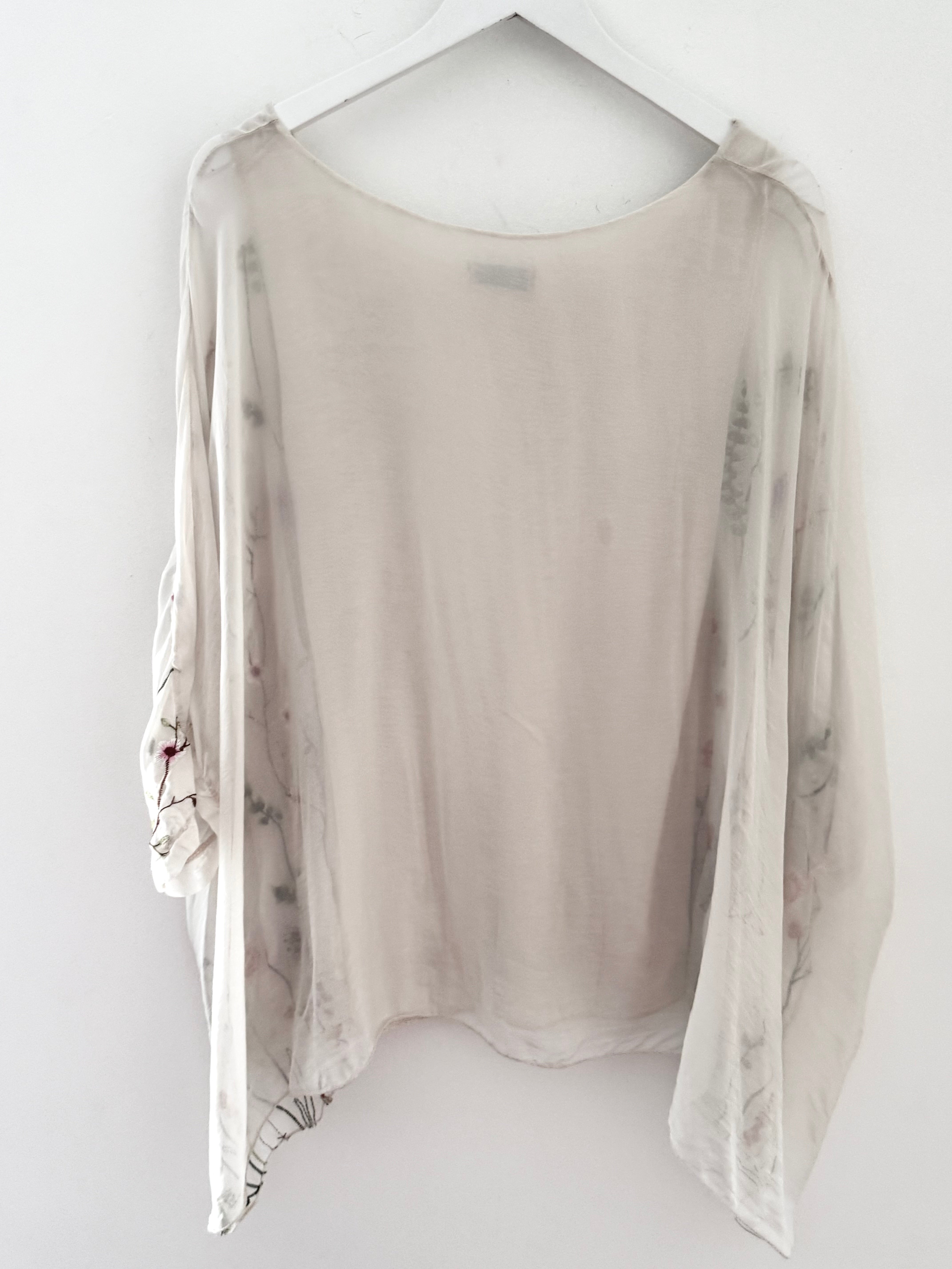 Silk Embroidered Top in Pale Ecru
