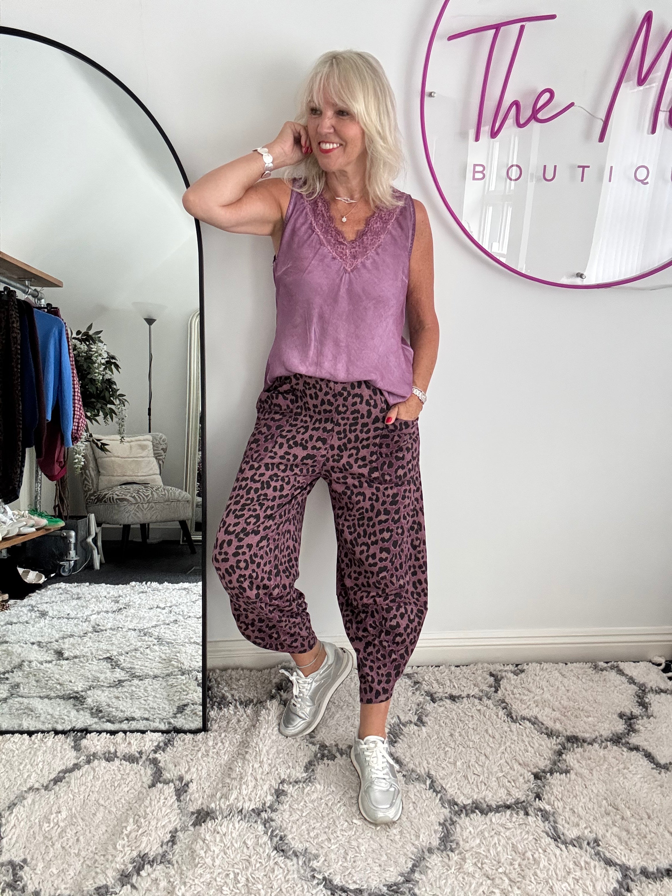 Barrel Stretch Trousers in Plum Leopard